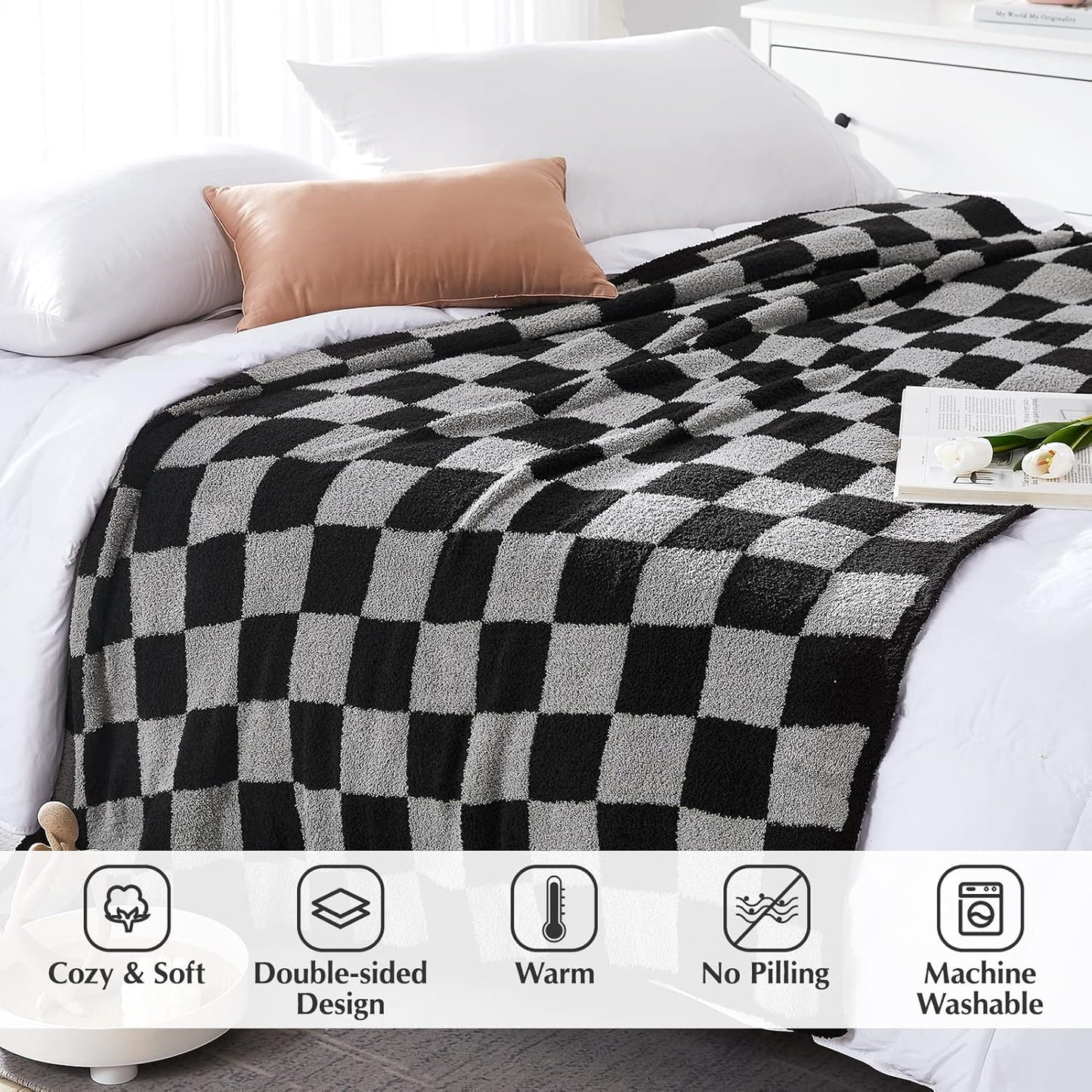 WRENSONGE Checkered Throw Blanket, Black Grey Checkered Soft Cozy Fluffy Warm Hand Made Throw Blankets for Couch, Sofa, Chair, Bed, Picnic,Travel Lightweight Bed Blankets for Men