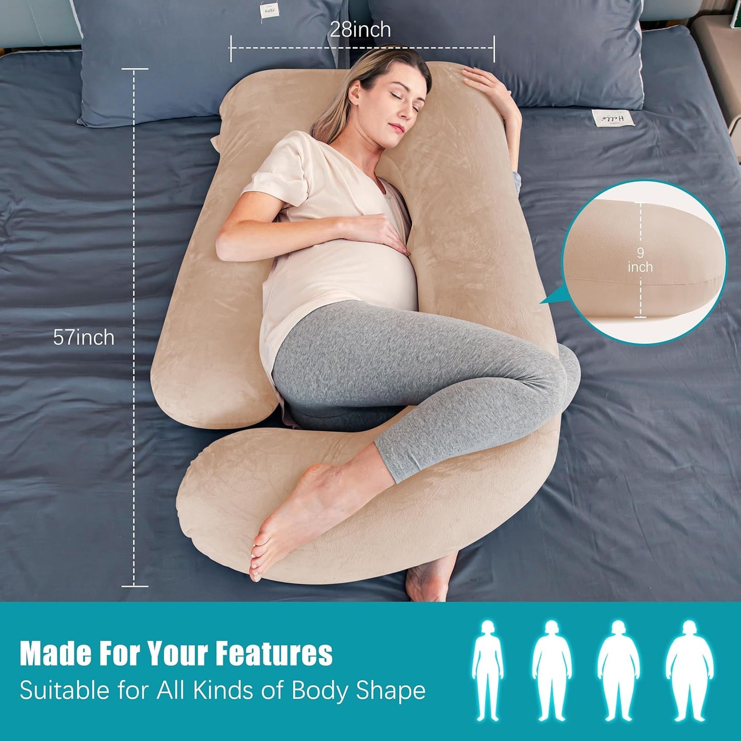 Cute Castle Pregnancy Pillows, Soft U-Shape Maternity Pillow with Removable Cover - Full Body Pillows for Adults Sleeping - Pregnancy Must Haves - Jumbo 57 Inch - Brown