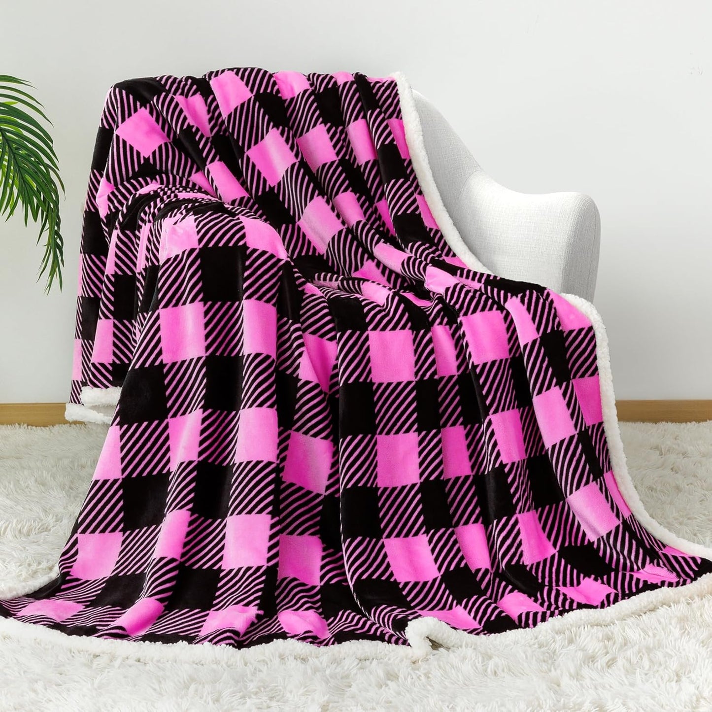 Touchat Sherpa Plaid Twin Blanket 60" X 70", Fuzzy Fluffy Soft Cozy Throw Blanket, Twin Size Plush Fleece Flannel Plush Microfiber Blanket for Couch Bed Sofa (Rosepink)