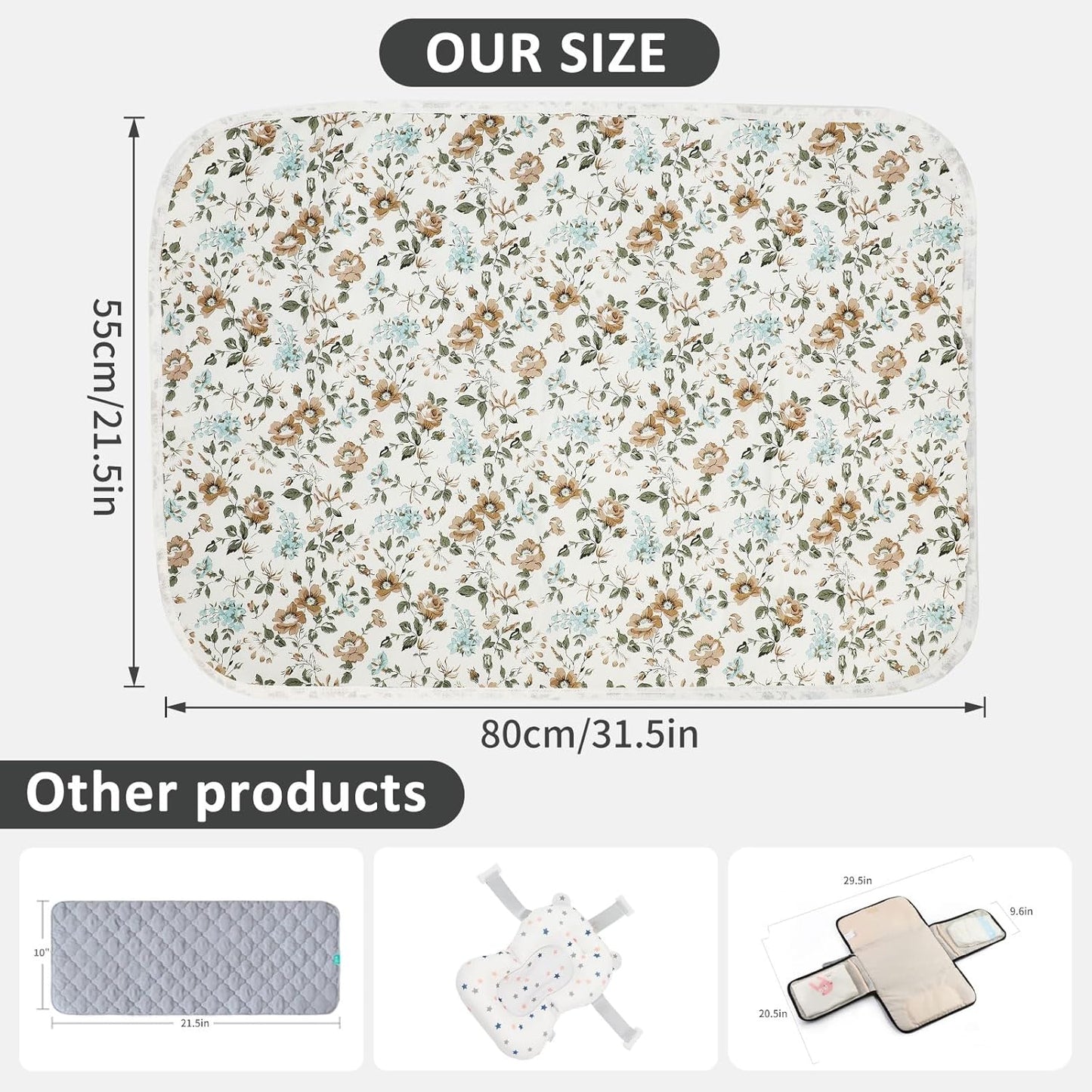 Baby Diaper Changing Pad, 21 5/8" x 31.5" Waterproof Changing Pad Liners - Reusable Soft and Absorbent Portable Changing Mat(Blue Flower1PCS)