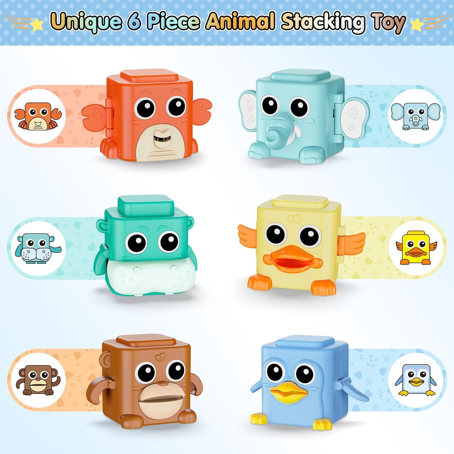 Stacking Toys Set for Toddlers 18+ Months, 6 in 1 Infant Sensory Toys with Changing Expressions, Pressable Animal Stacking Blocks, Christmas Birthday Gifts for 1 2 3 4 Years Old Baby Boys Girls