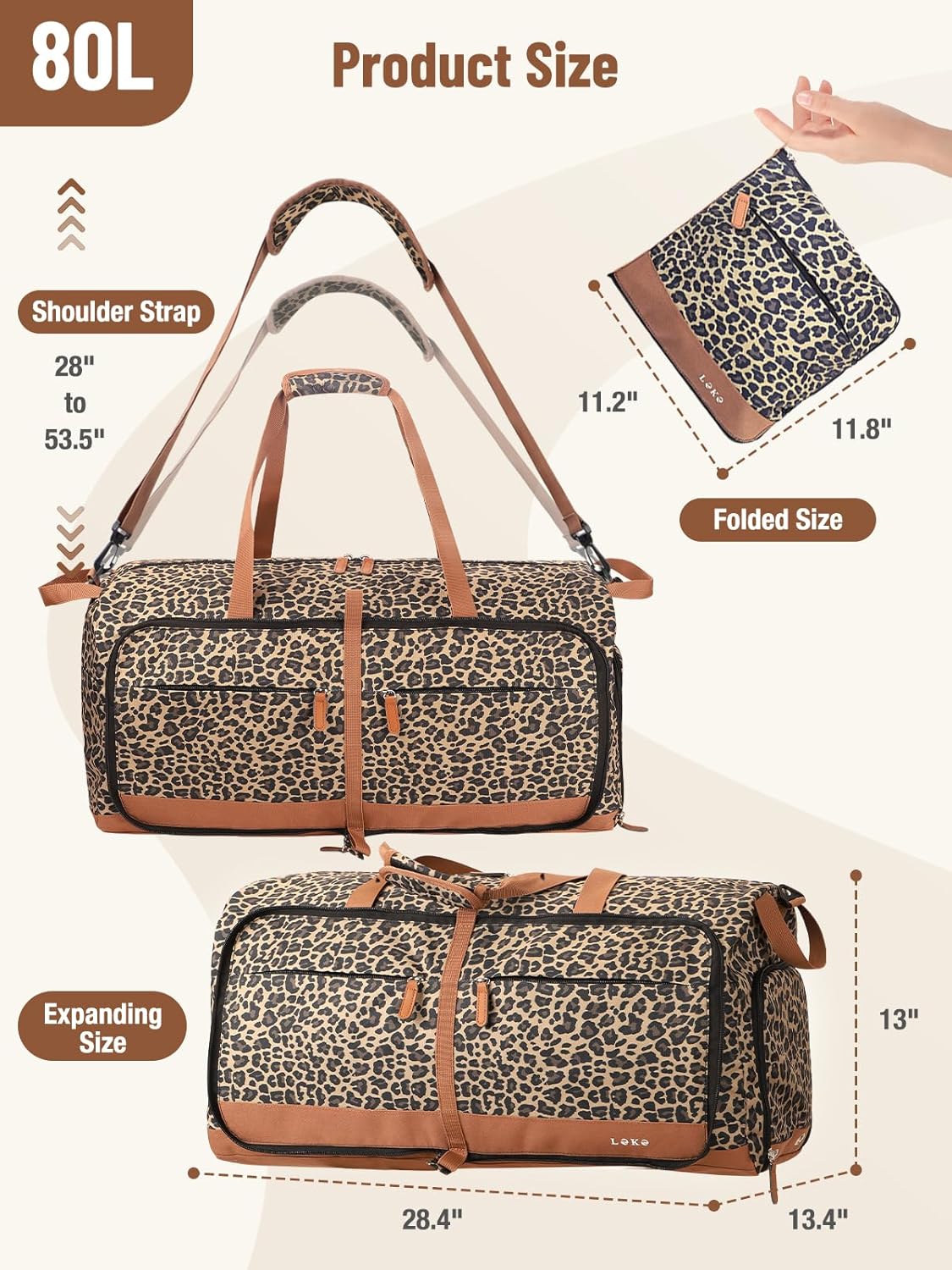 Lekesky Foldable Travel Duffel Bag for Women, 80L Large Duffle Bag with Separate Shoes Compartments & Straps, Carry On Weekend Bag for Women, Hospital, Overnight(Leapord)