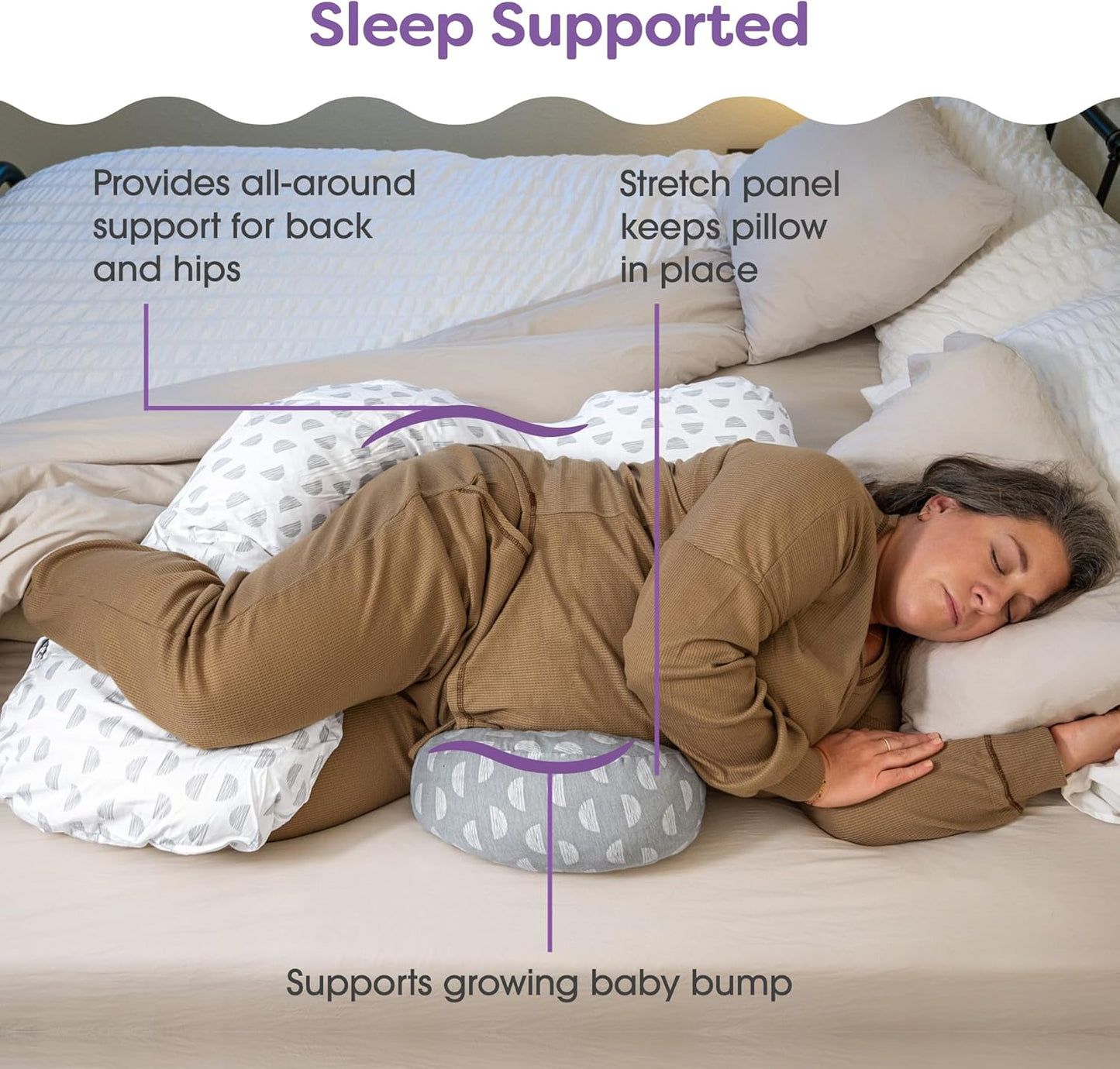 Boppy Full Body Side Sleeper Pregnancy Pillow - Full-Body Maternity Pillow with Stability Panel & Side Sleeper Pillow Support, Washable with Cooling Cover - Gray and White Mirage