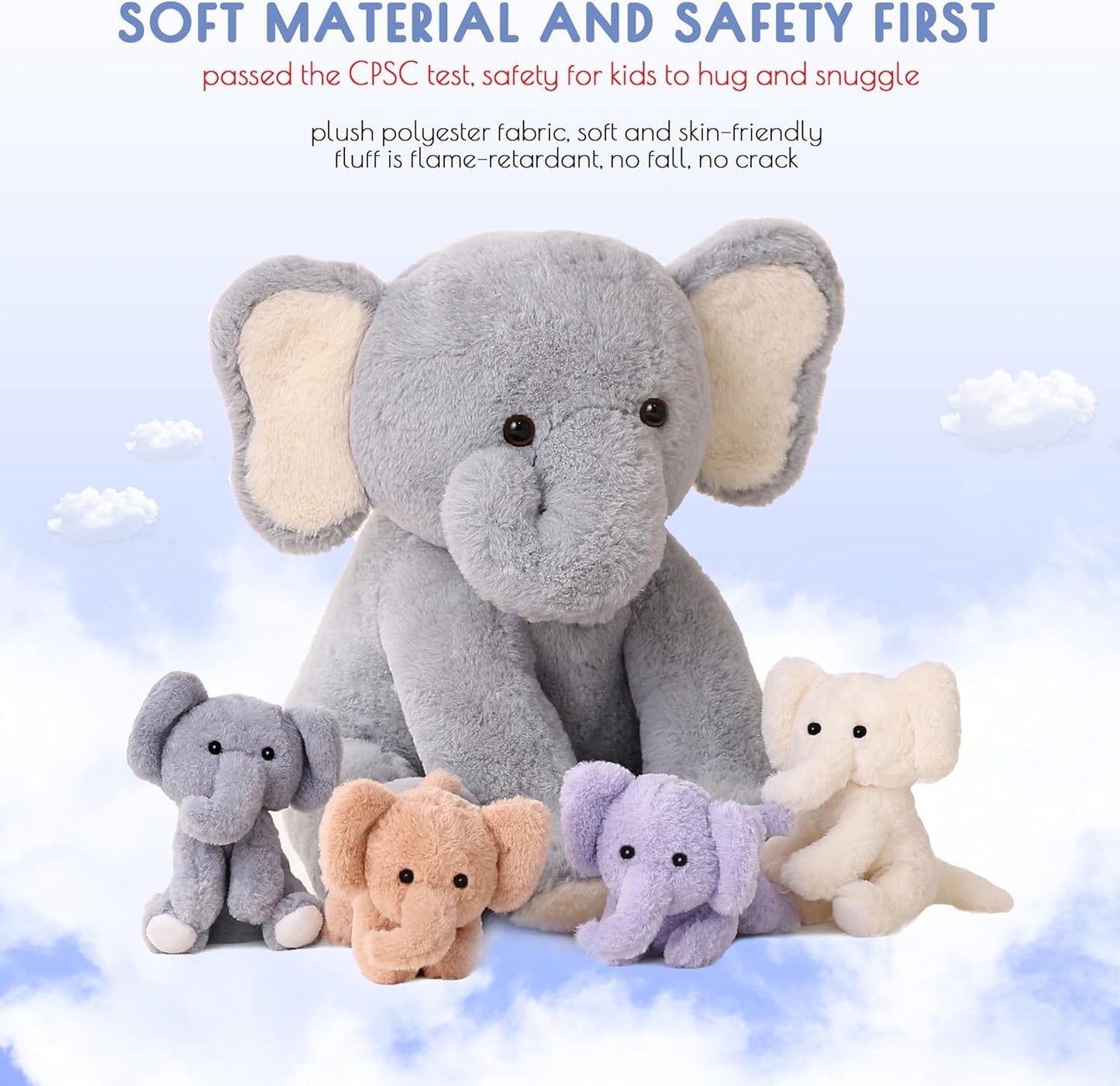 5 Pieces Elephant Stuffed Animals for Girls, 1 Mommy Elephant with 4 Babies Soft Plush Set Toys Gifts for Kids Children 3 4 5 6 7 8 9 Years, Christmas, Birthday, Children's Day