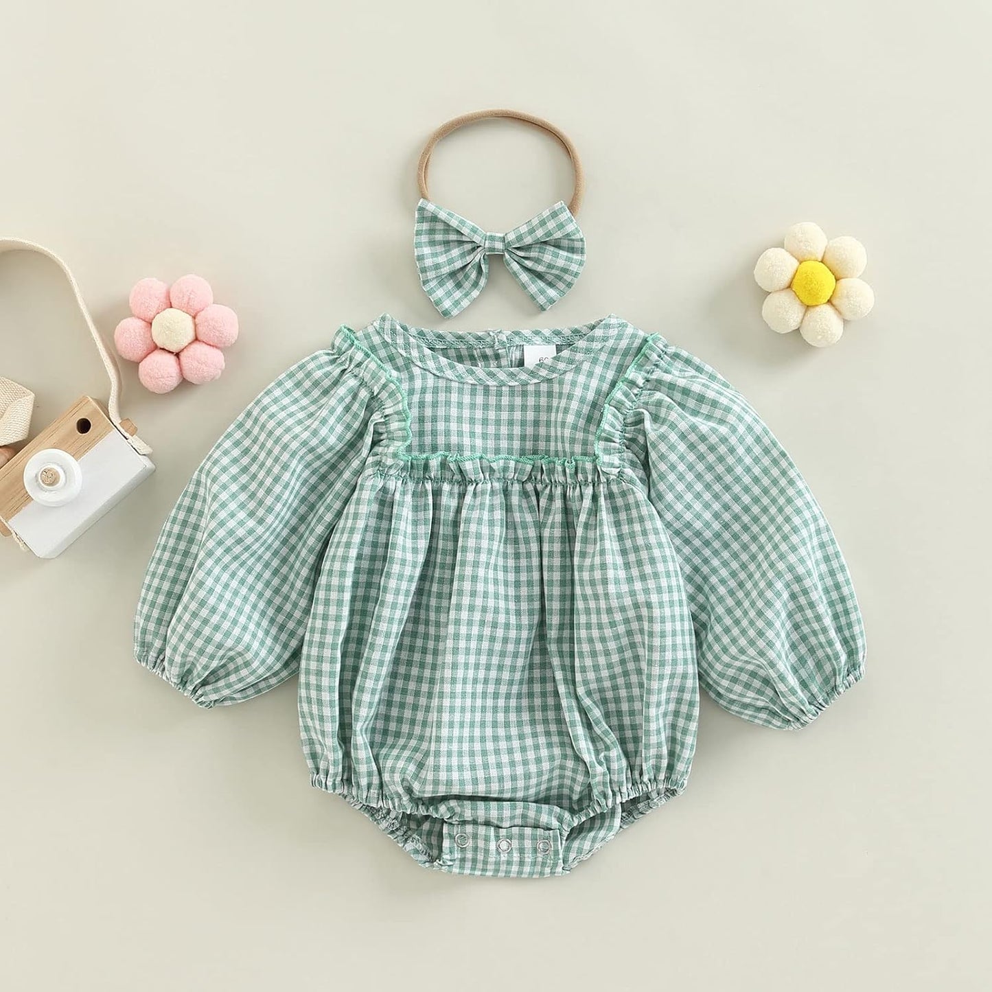 Douhoow Infant Baby Girl Plaid Romper Baby Sweatshirt Romper Ruffle Festival Clothes Fall Winter Outfits with Headband