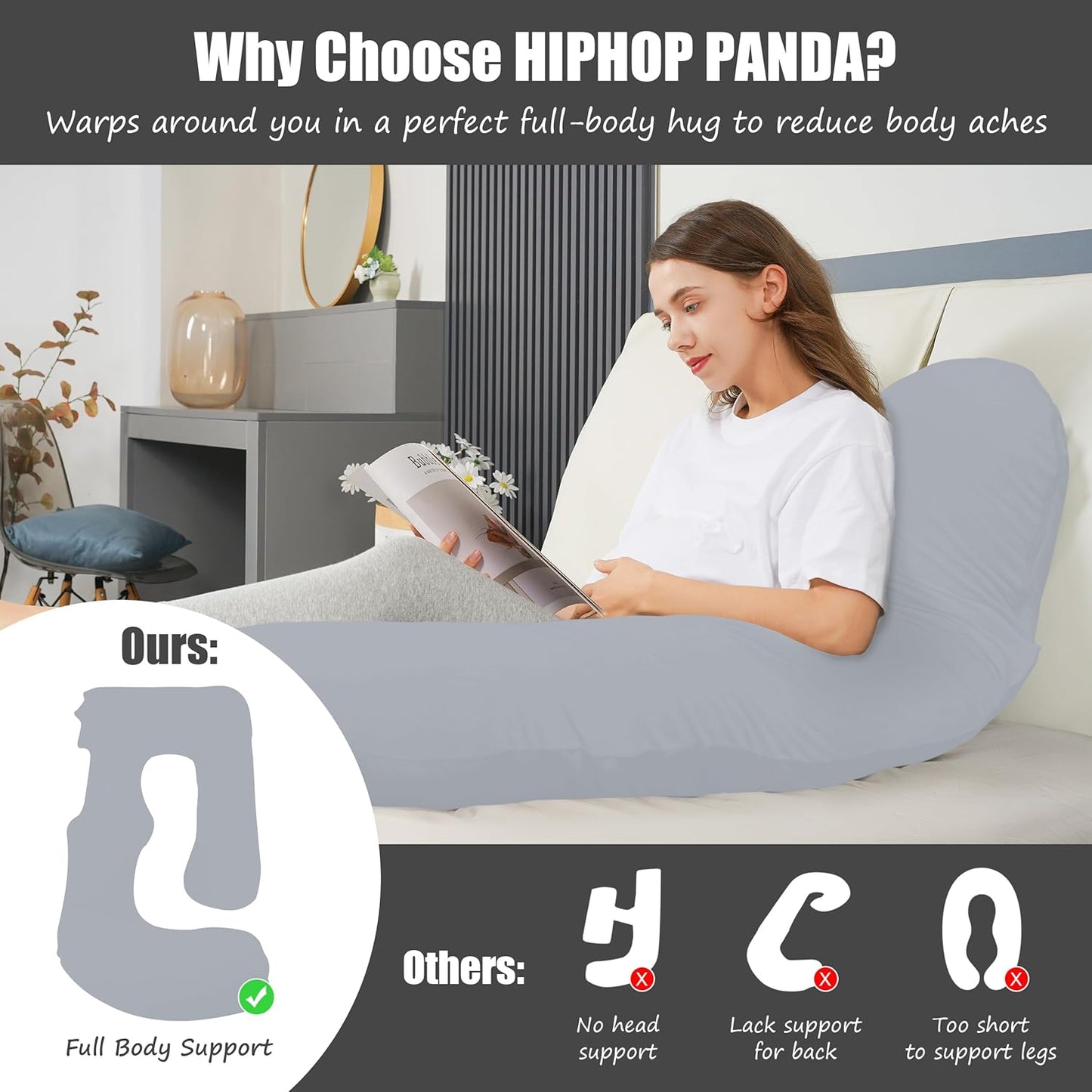 HIPHOP PANDA U-Shaped Pregnancy Pillow for Sleeping - Full Body Maternity Support Pillow with Cooling Removable Cover - Comfort for Back, HIPS, Legs, Belly - 57 Inch for Pregnant Women, Light Grey