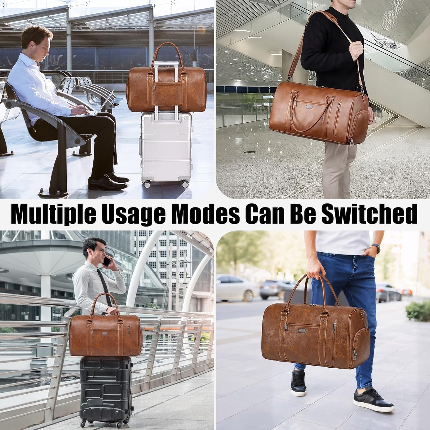 Large Leather Duffel Bag for Travel, Weekender Bag for Men or Women with Shoe Compartment, Waterproof Carry On Bag with Toiletry Bag, Travel Tote Bag with Luggage Strap (Brown)