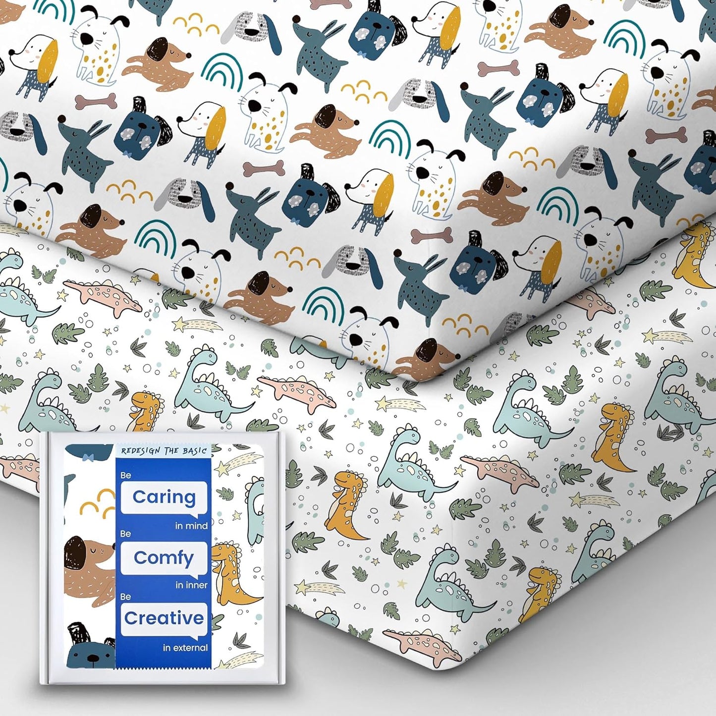 Pack and Play Sheets Fitted, Ultra Soft Mini Crib Sheets Boy, Neutral Pack N Play Mattress Sheets Hypoallergenic and Soothing, Premium Jersey Playrad Sheets, Print Dino Animals, 2 Pack