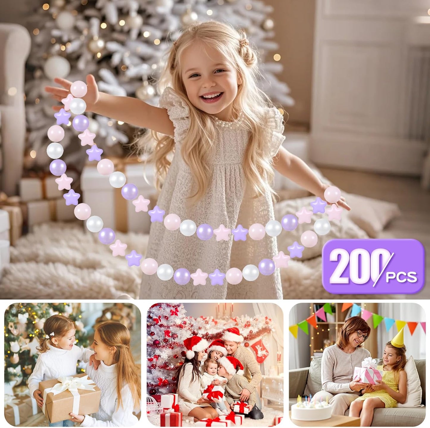 GOGOSO Balls for Ball Pit - Plastic Ball for Toddlers 1-3, Baby Kids Ball Pool Decoration 50 100 200 300 500 1000 (A Purple+Pink+White+Clear, 200 Balls)