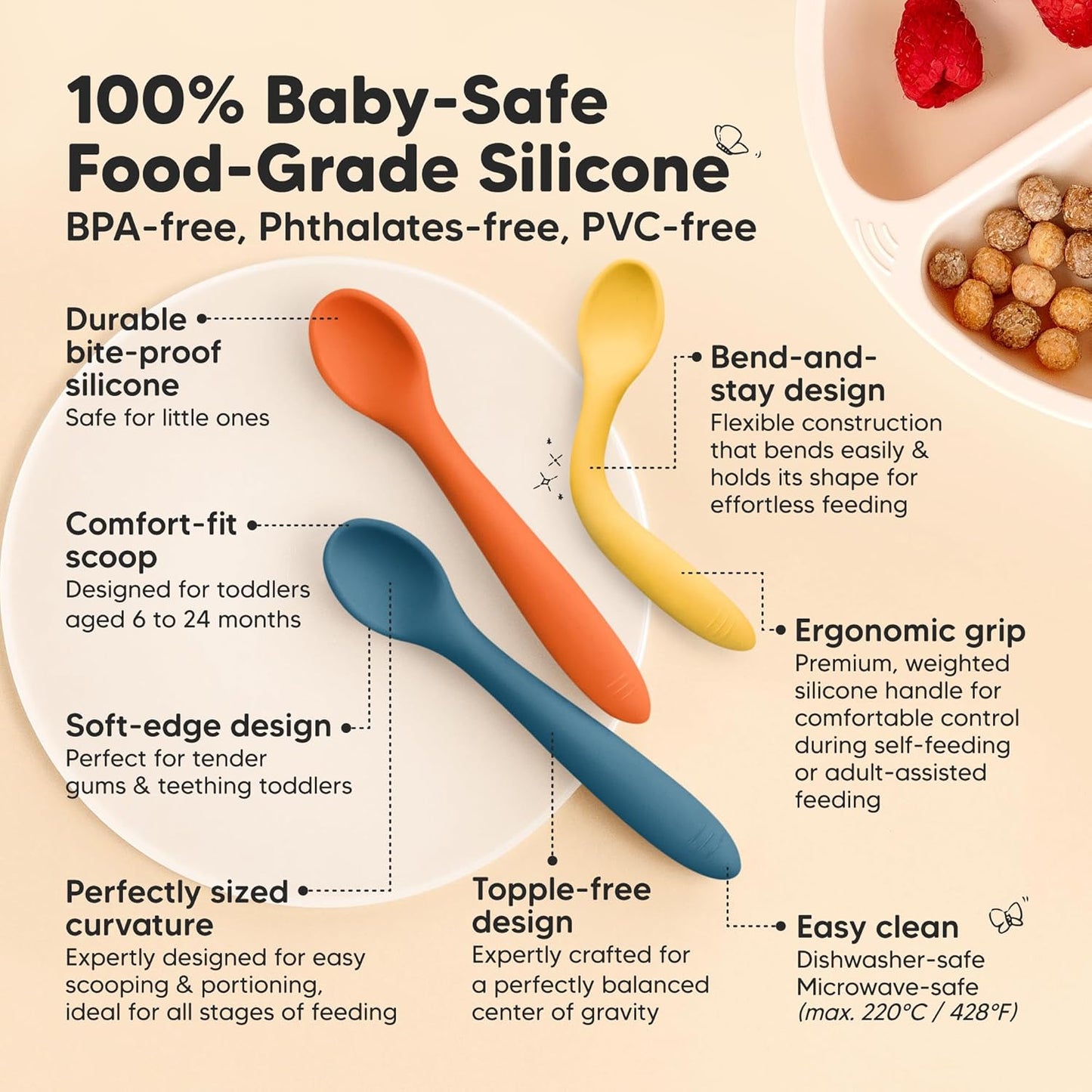 KeaBabies Silicone Baby Spoons, Self Feeding 6-12 months - 3-Pack Baby Weaning Eating Utensils, Toddler First Food Training Spoon, Infant, Kids Feeding Supplies Essential Set,Dishwasher-safe (Valiant)