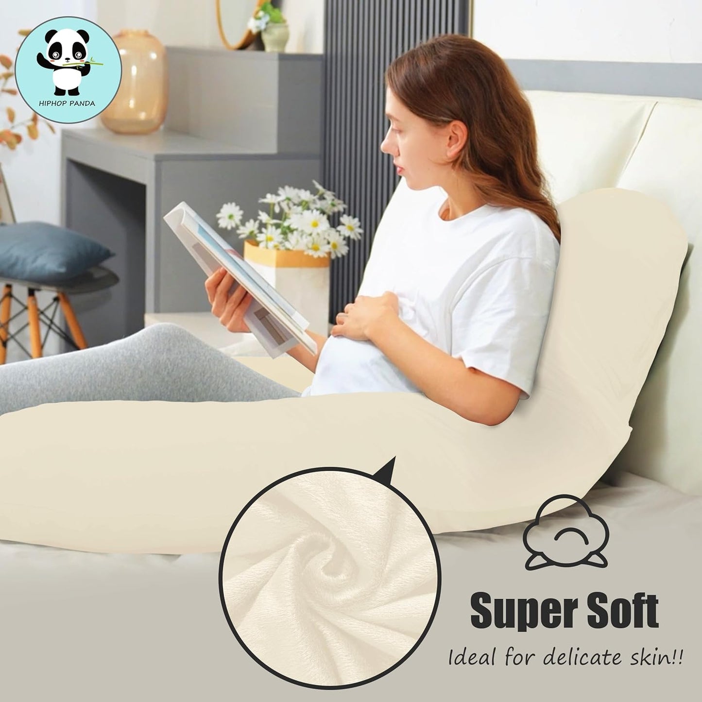 HIPHOP PANDA U-Shaped Pregnancy Pillow for Sleeping - Full Body Maternity Support Pillow with Cooling Removable Cover - Comfort for Back, HIPS, Legs, Belly - 57 Inch for Pregnant Women, Ivory