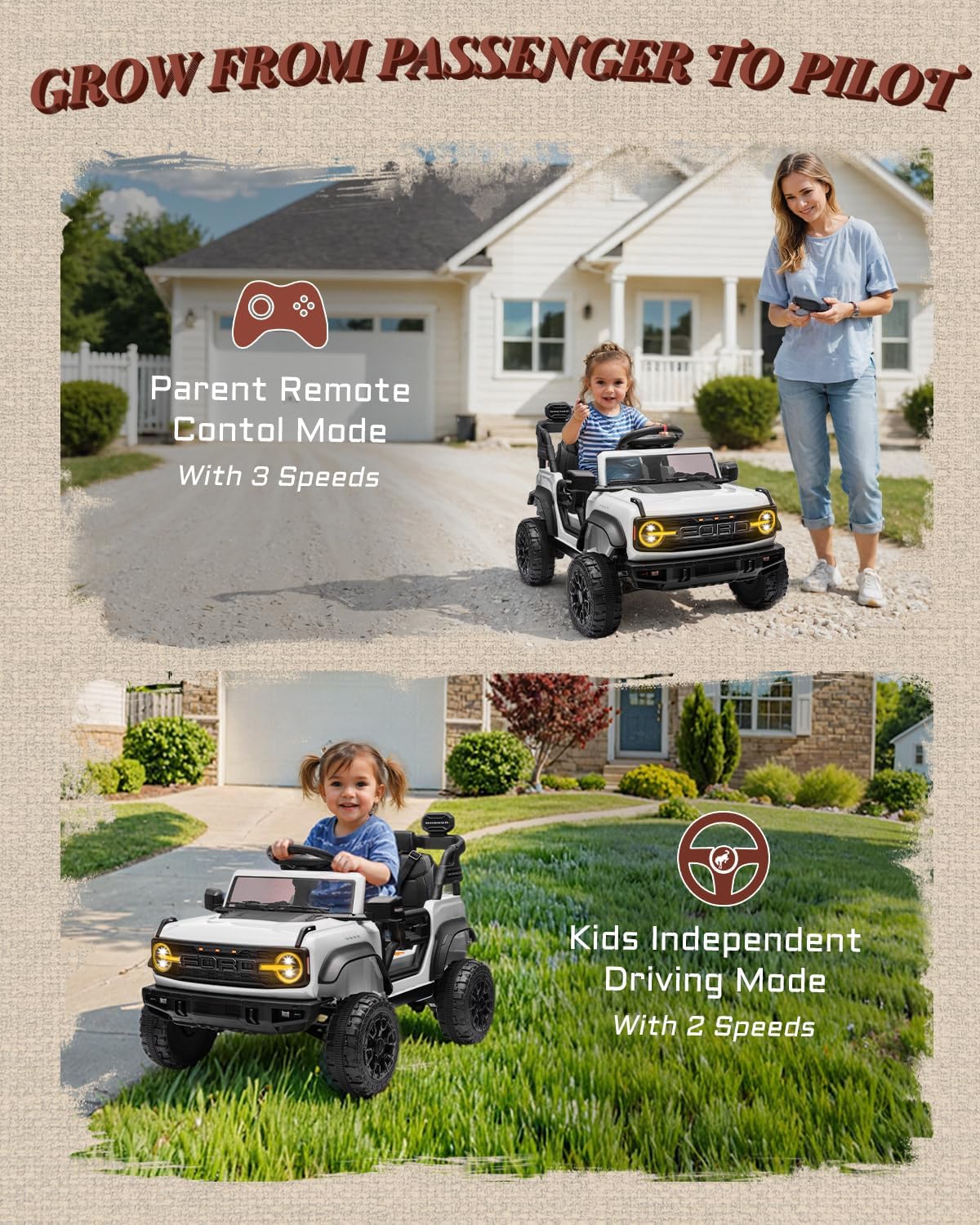 Ford Bronco Raptor 12V Toddler Ride on Toys, Safe Kids Ride on Truck with Remote Control, Children Electric Cars with 4 Wheels Suspension, Radio, Music, Bluetooth (12V, White)