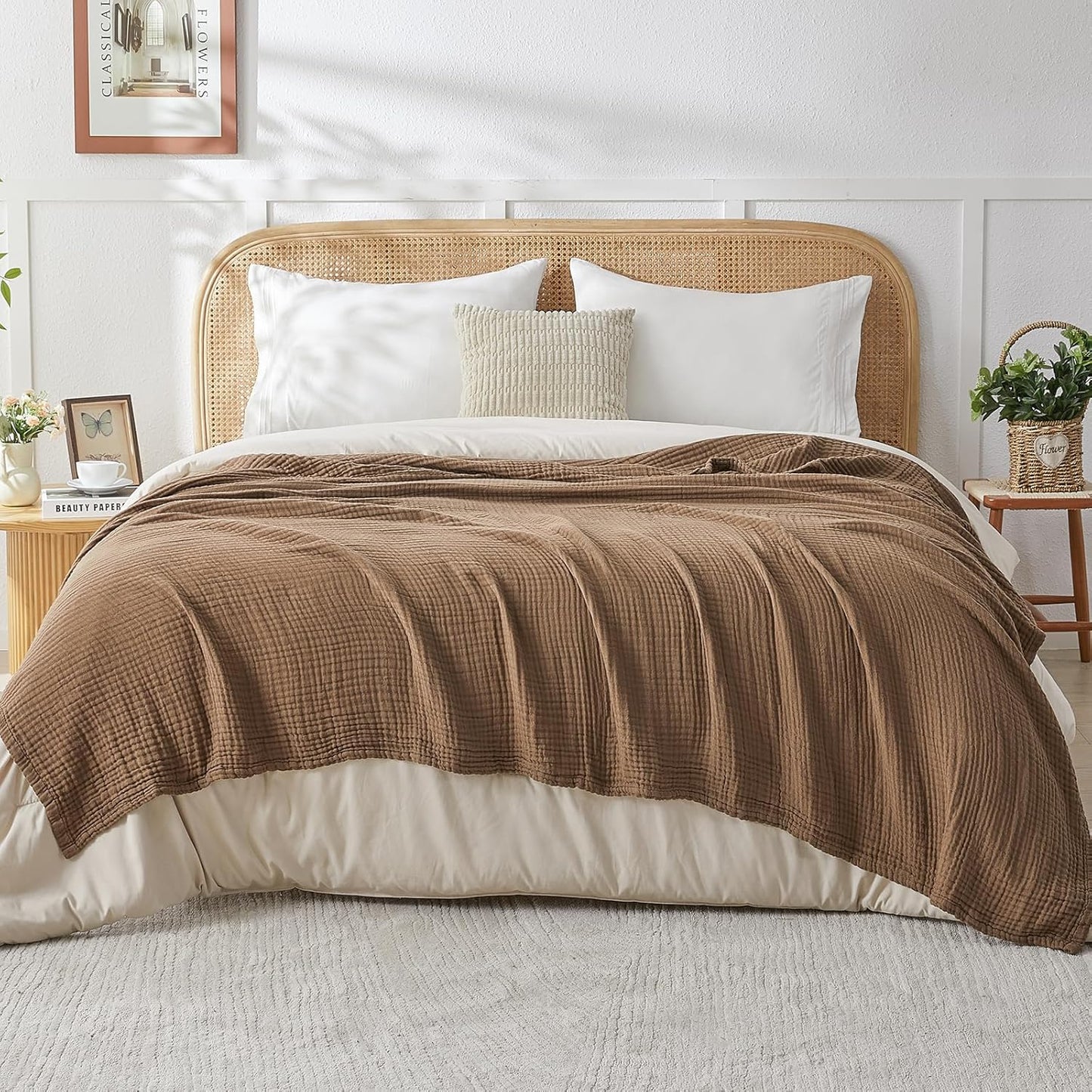 EMME Cotton Muslin Twin Blanket Breathable Gauze Blanket Soft Lightweight Blankets Adults Gifts for Women (Brown, 60"x80")