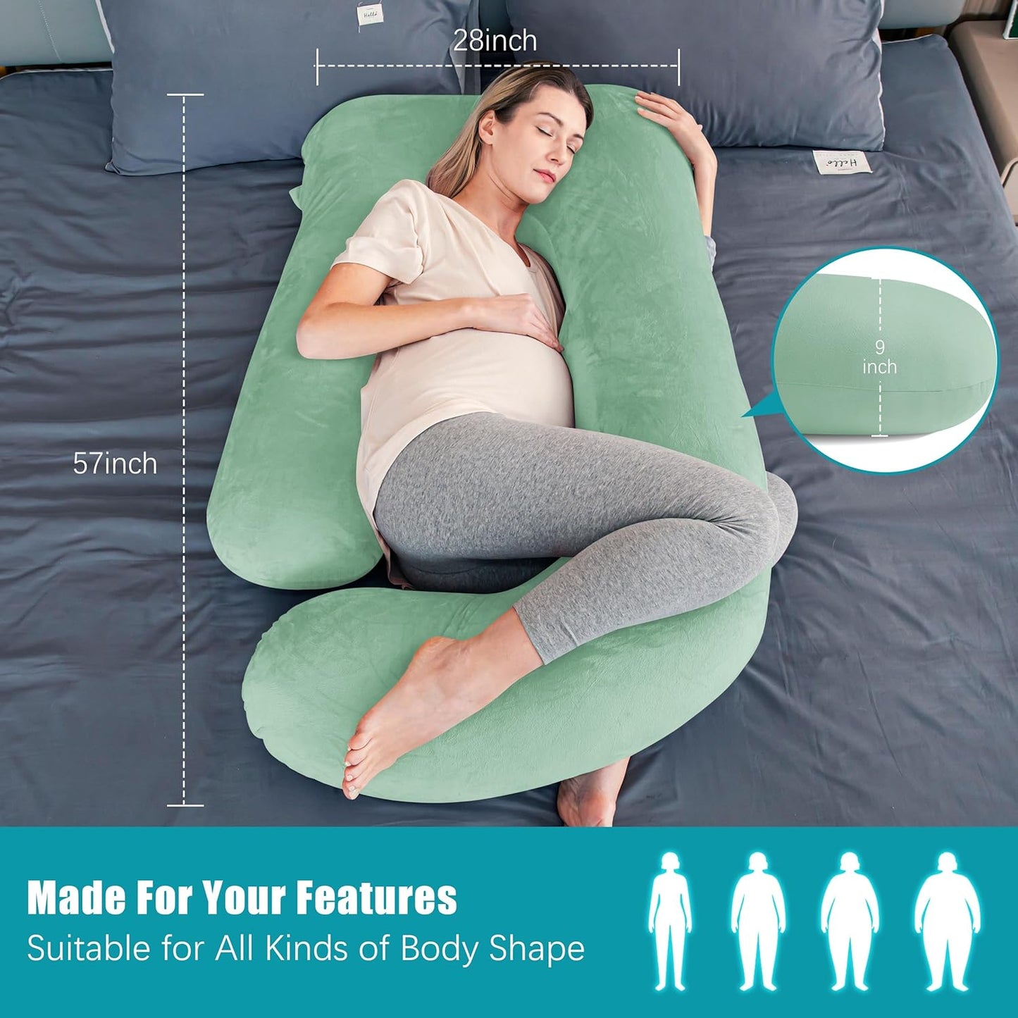 Cute Castle Pregnancy Pillows, Soft U-Shape Maternity Pillow with Removable Cover - Full Body Pillows for Adults Sleeping - Pregnancy Must Haves - Jumbo 57 Inch - Green