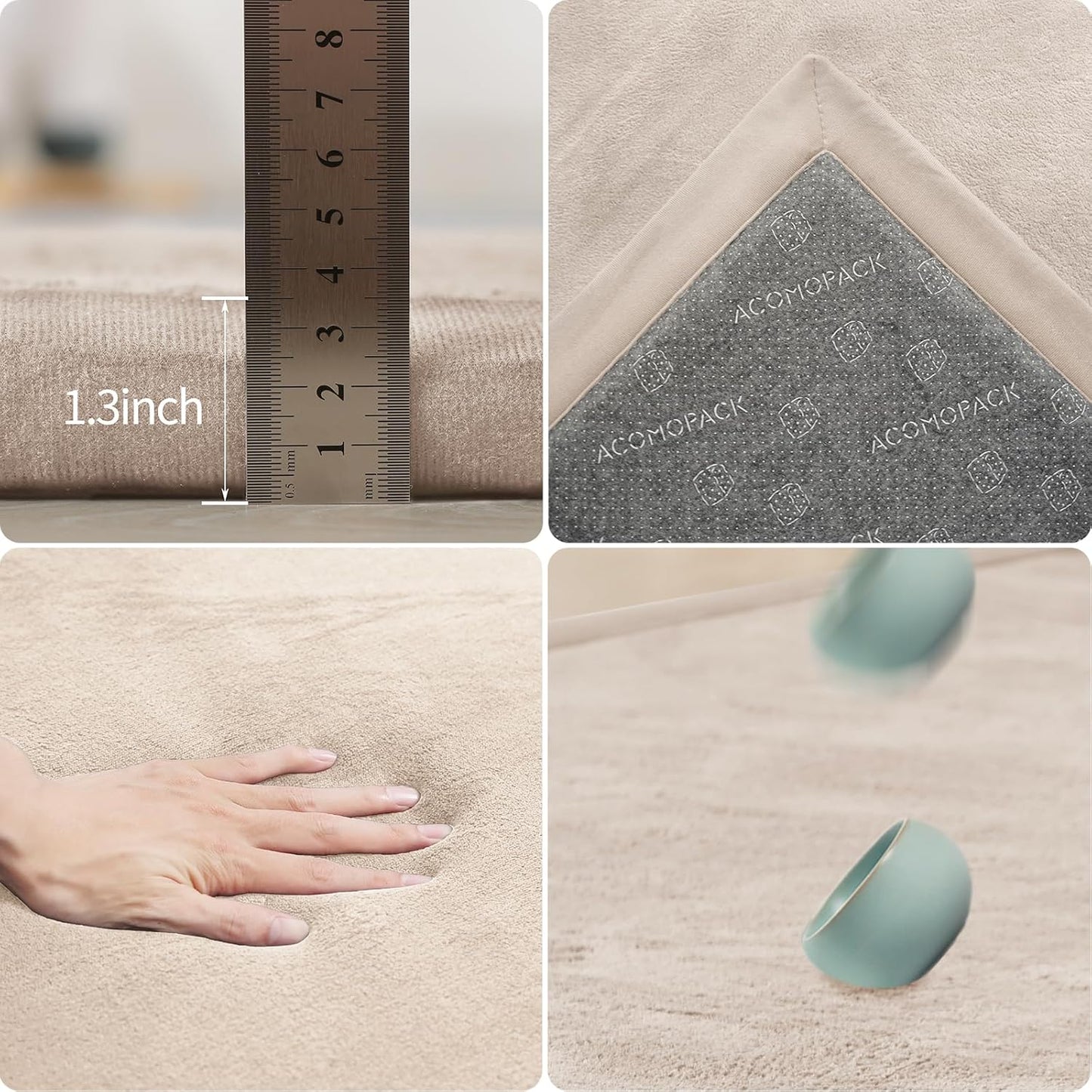 ACOMOPACK Baby Play Mat for Floor 1.3" Thick Memory Foam Play Mat 79"×118" Tummy Time Crawling with Non-Slip Bottom for Living Room,Nursery,Soft Velvet Playpen Mats for Kids,Infants（Beige）