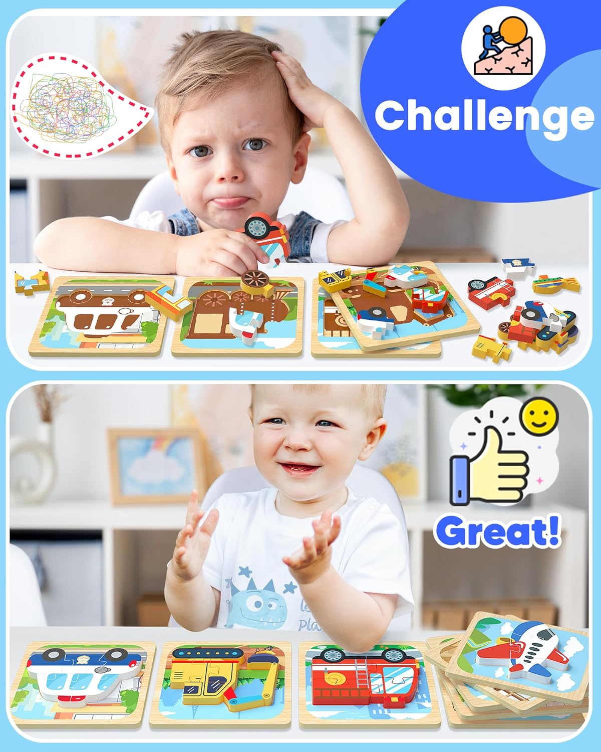 Benresive Wooden Toddler Puzzles, Montessori Toys for 1 2 3 Year Old Boys, Toys for 1 2 3 Year Old Boy Birthday Gifts, 8 Pack Vehicle Toddler Learning Educational Puzzles