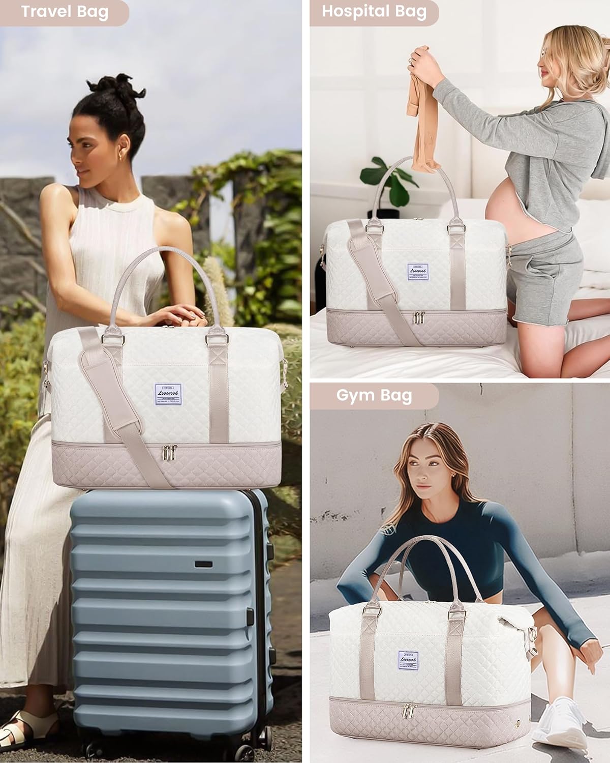 LOVEVOOK Travel Weekender Bag for Women, Large Carry on Overnight Bag with Shoe Compartment, Travel Duffle Bag Women, Yoga Gym Duffel Bag with Wet Pocket,Hospital Bags for Labor and Delivery,3 Pcs Set