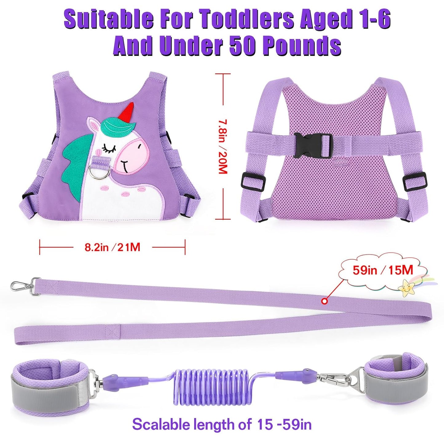 Toddler Leash-Baby Walking Safty Harness and Child Anti Lost Wrist Link for Girls/Boys Travel (Purple)