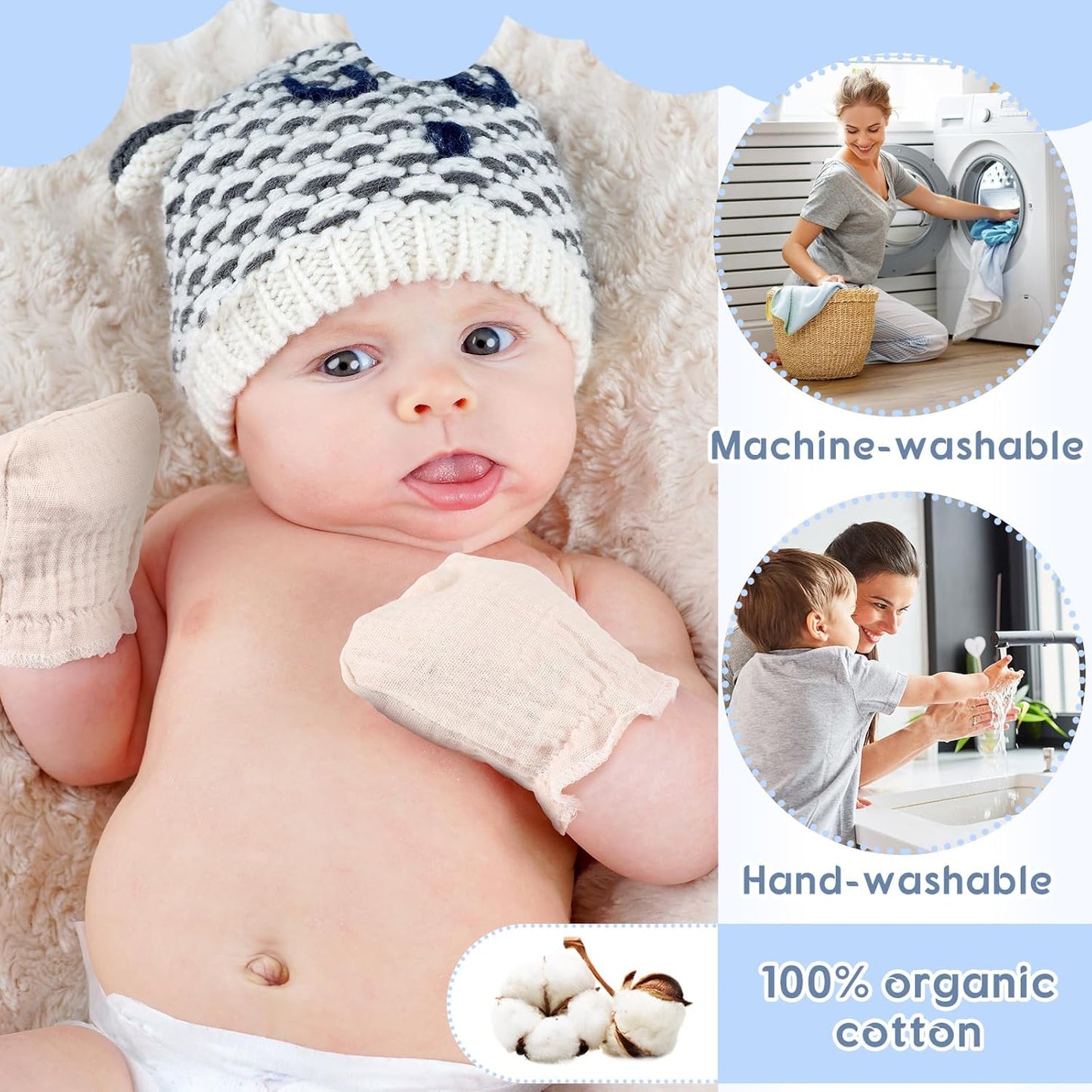 8 Pairs Newborn Baby Muslin Mittens 0-6 Months No Scratch Elastic Wrist Soft Breathable Gloves Bulk Cotton for Infant