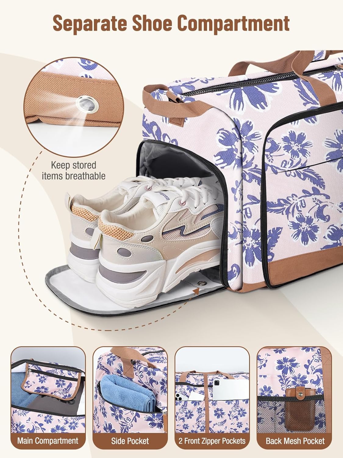 Lekesky Foldable Travel Duffle Bag for Women, Large Duffel Bag with Separate Shoes Compartments & Straps, Carry On Weekend Bag for Women, Hospital, Overnight (Pink Floral Print, 80L)