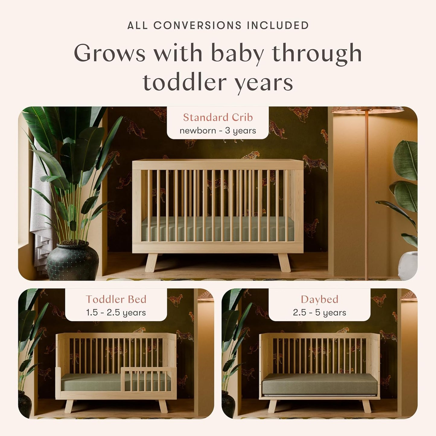 babyletto Hudson 3-in-1 Convertible Baby Crib with Toddler Bed & Daybed Conversion - Easy to Assemble - GREENGUARD Gold Certified w/ 4 Adjustable Mattress Heights - Natural