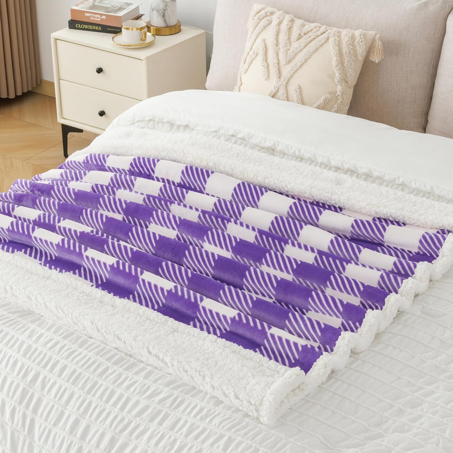 Touchat Sherpa Plaid Twin Blanket 60" X 70", Fuzzy Fluffy Soft Cozy Throw Blanket, Twin Size Plush Fleece Flannel Plush Microfiber Blanket for Couch Bed Sofa (PurpleWhite)