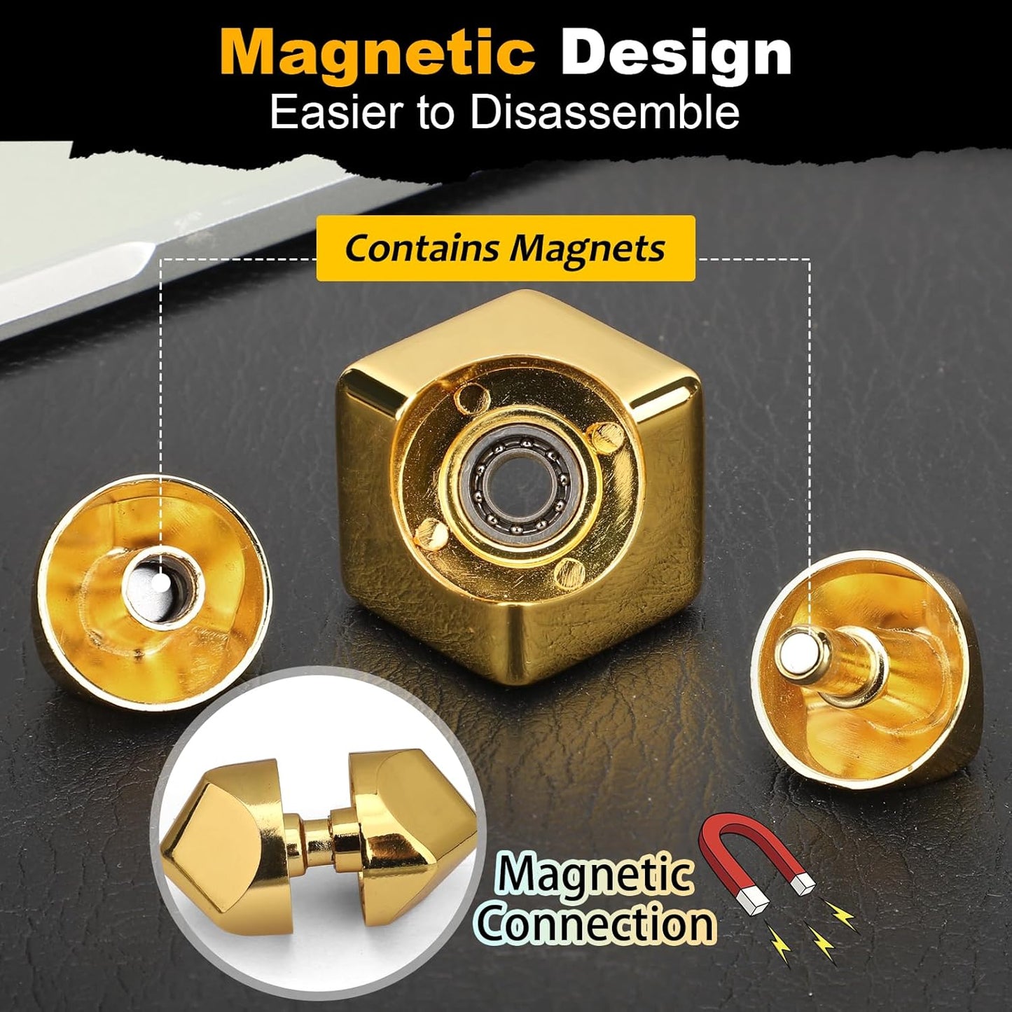 Metal Cube Fidget Spinner Toy for Kids Adults, Gold Cube Fidget Block Figner Spinner Focus 2 in 1 Spinning for Boys 3-12, Mini Gadget Easter Basket Stuff Desk Relaxing EDC Toy