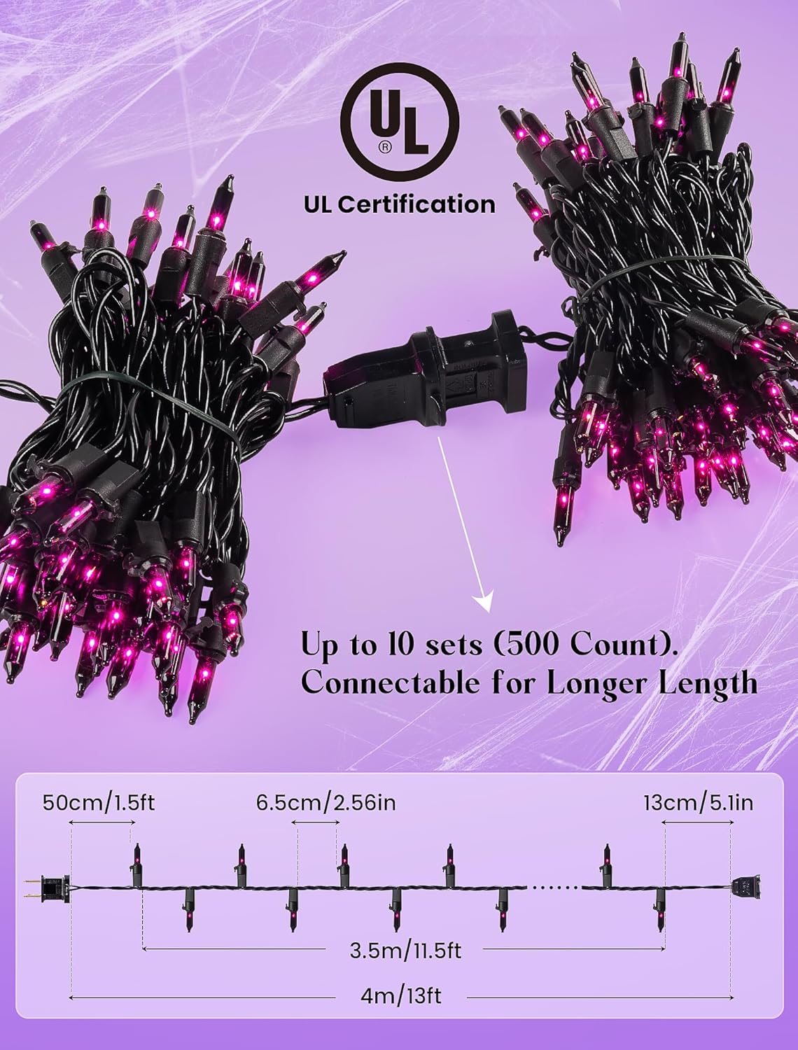woohaha Halloween Purple String Lights,50 Mini Fairy Lights Set,Plug in with Black Wire 11Ft Traditional Halloween Holiday Decor for Indoor，Home, Christmas Tree, Bedroom, Patio, Wedding