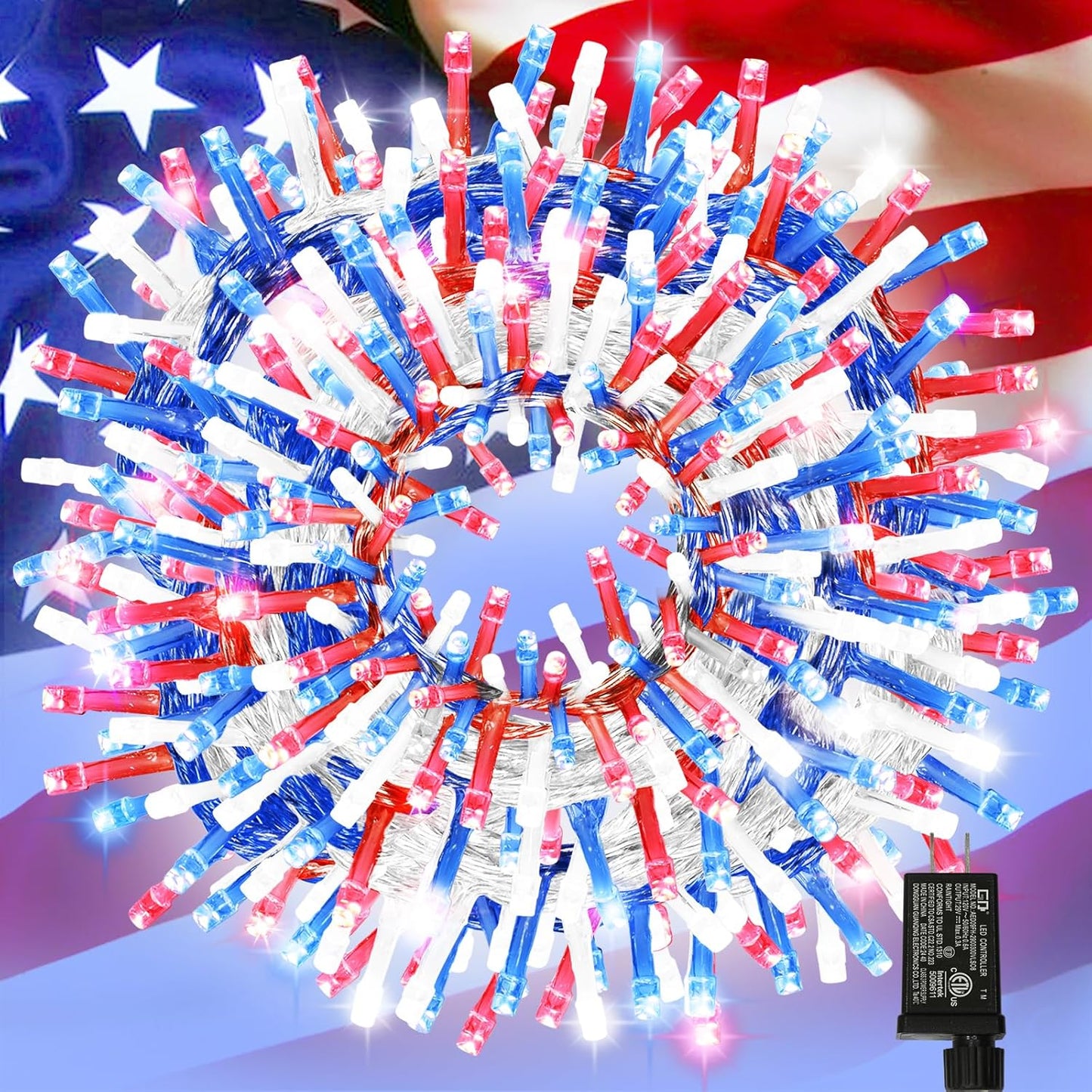 66ft Patriotic String Lights - Red White Blue Mini Lights, 200 LED Transparent Wire Fairy Starry String Lights Plug in, 11 Lighting Modes for Outdoor Tree Party Decoration (Red White Blue)