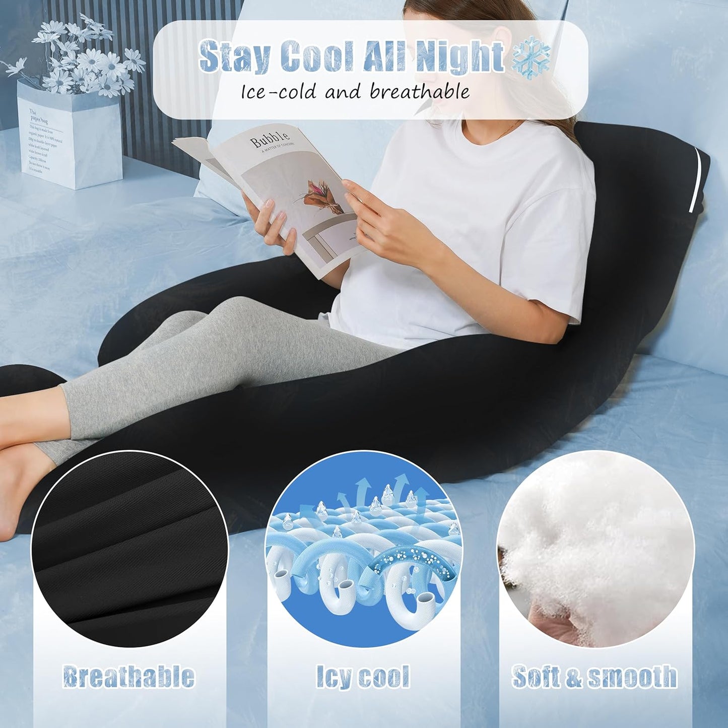 HIPHOP PANDA U-Shaped Pregnancy Pillow for Sleeping - Full Body Maternity Support Pillow with Cooling Removable Cover - Comfort for Back, HIPS, Legs, Belly - 57 Inch for Pregnant Women, Black