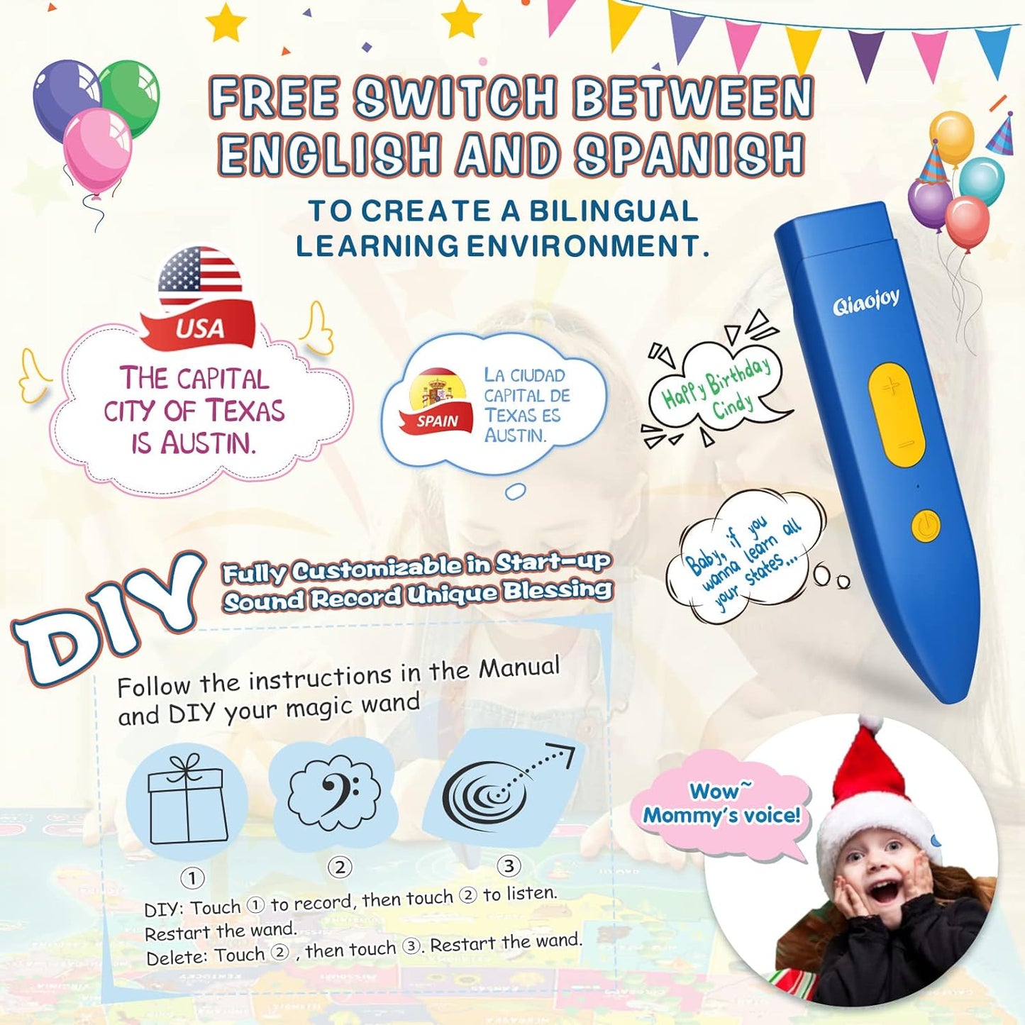 V2 Interactive Kids Map Bilingual United States Map for Kids Learning, Educational Talking USA Map Poster Geography Games Personalized Kids Toys for Boys & Girls Ages 3-12