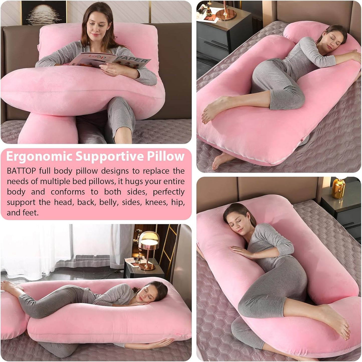 BATTOP Pregnancy Pillows for Sleeping- Ultra Soft Full Body Maternity Pillow, U-Shaped Pregnancy Pillow for Side Sleepers with Removable Cover, Supports Back, HIPS, Belly & Legs (Pale Pink)