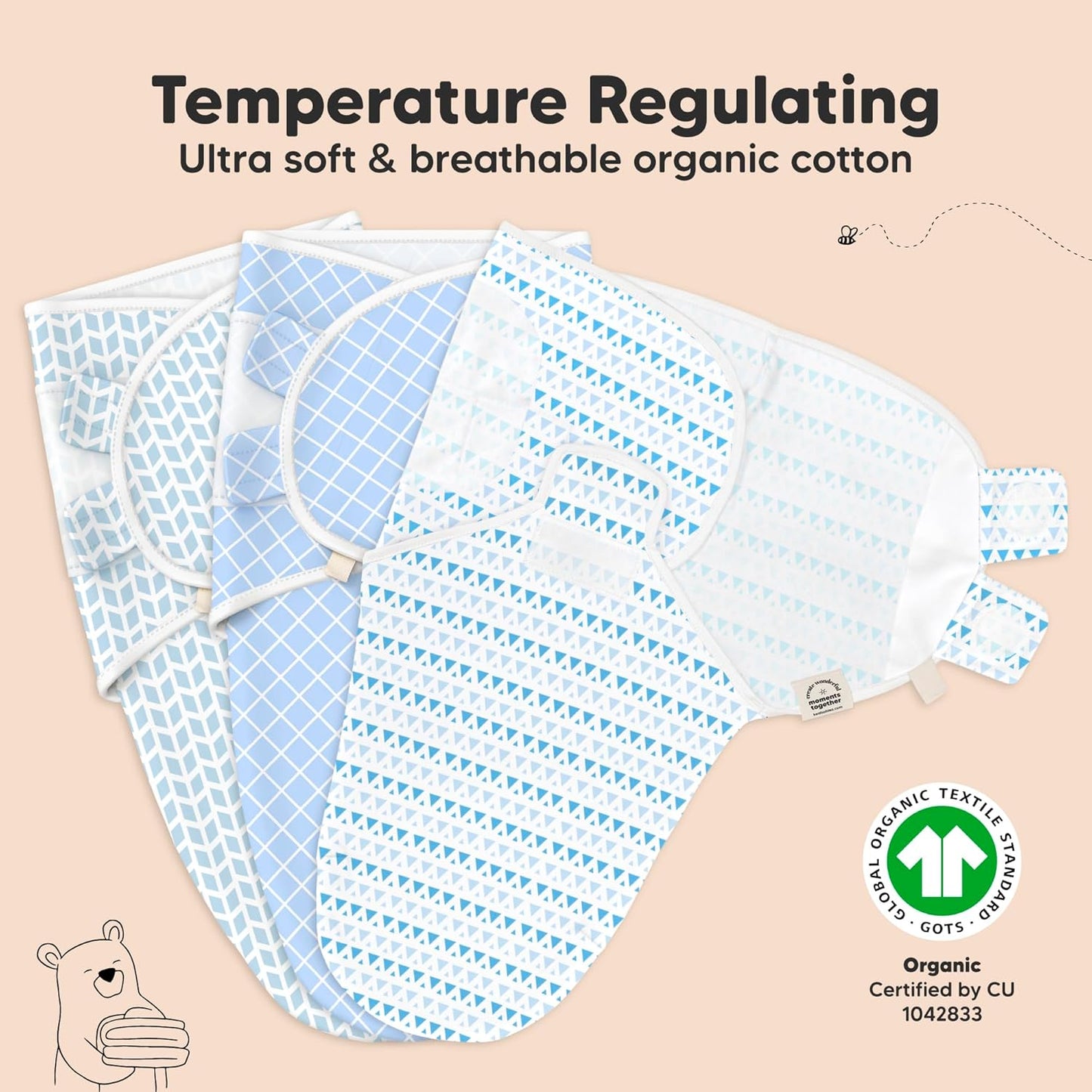 KeaBabies 3-Pack Organic Baby Swaddle Sleep Sacks - Swaddles for Newborns, Infant 0-3 Months, Baby Girls, Boys, Soft & Snug Newborn Sleep Sack, Nursery Swaddling Blankets (Storm)