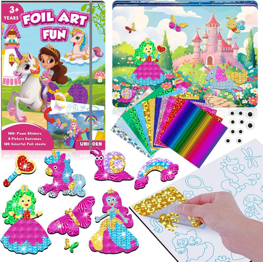 homicozy Art & Craft Activity for Kids-Foil Fun Unicorn & Princesses,No Mess Art Crafts for Girls,DIY Foil Foam Stickers,Creative Activity Kits,Kids Travel Toys,Gifts for Girls & Boys Ages 4-10