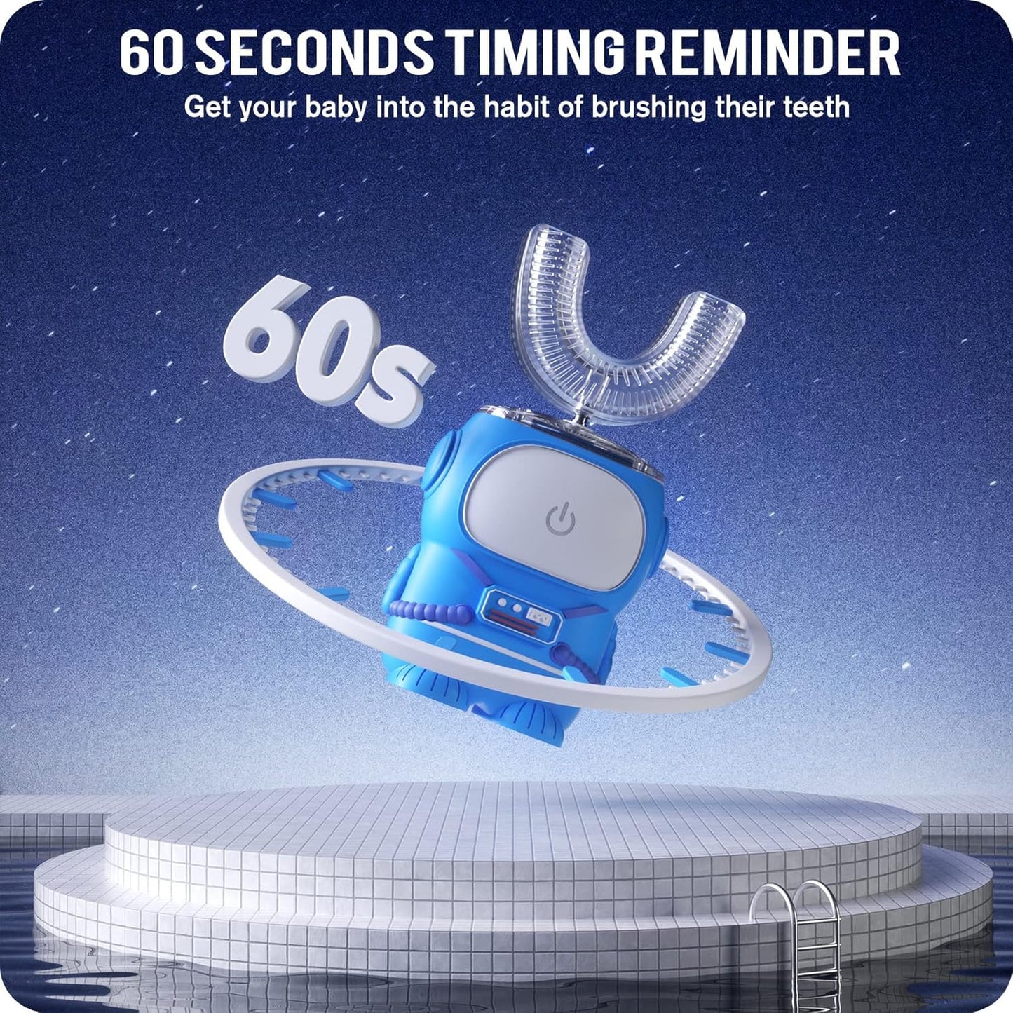 Ultrasonic Kid's U-Shaped Electric Toothbrush, IPX7 Waterproof, Five Cleaning Modes, 60S Smart Reminder (Cartoon Astronaut,Blue Ages 2-6)