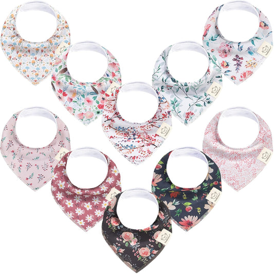 10-Pack Organic Baby Bandana Bibs for Girls - Super Absorbent Triangle Baby Bibs for Drooling and Teething Infant, 100% Cotton Extra Soft for Newborn, Infant 0-36 Months (Tea Party)