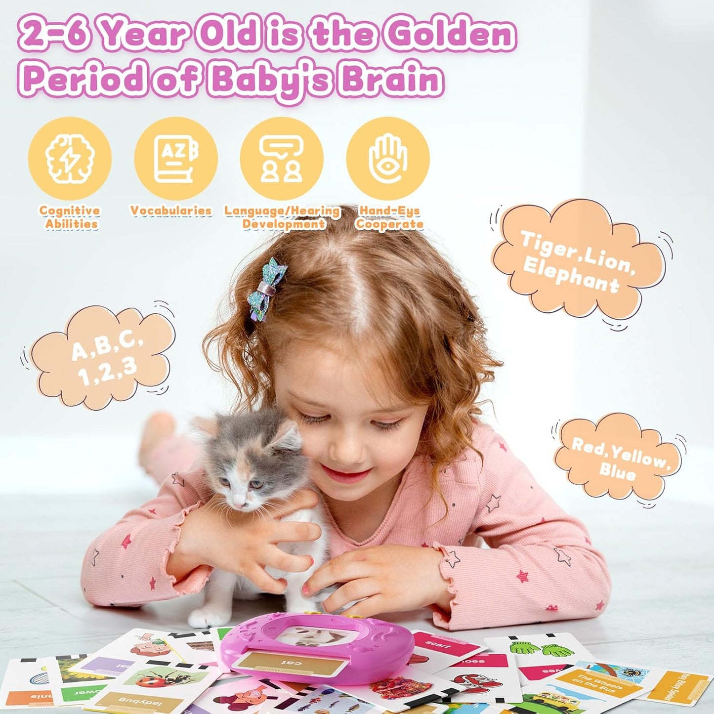 Toddlers Talking Flash Cards with American Accent & 288 Sight Words, Speech Therapy Toys for 1 2 3 4 5 6 Years Old Boys and Girls, Learning Montessori Sensory kit, Kids Birthday Gifts (Pink)