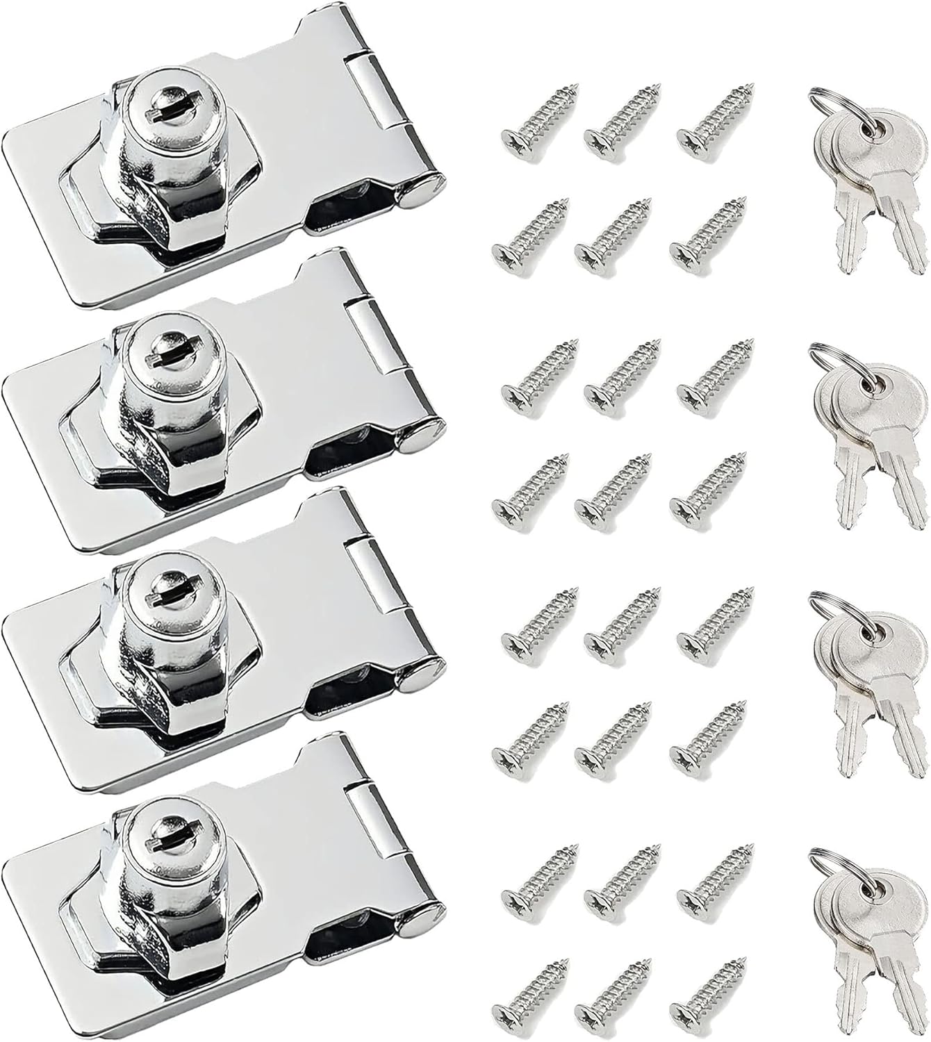 2.5 Inch Keyed Hasp Lock for Cabinets & Small Doors, Twist Knob Design, Heavy Duty Zinc Alloy with Chrome-Plated Iron, Includes Keys & Screws - Silver, 4 Pack