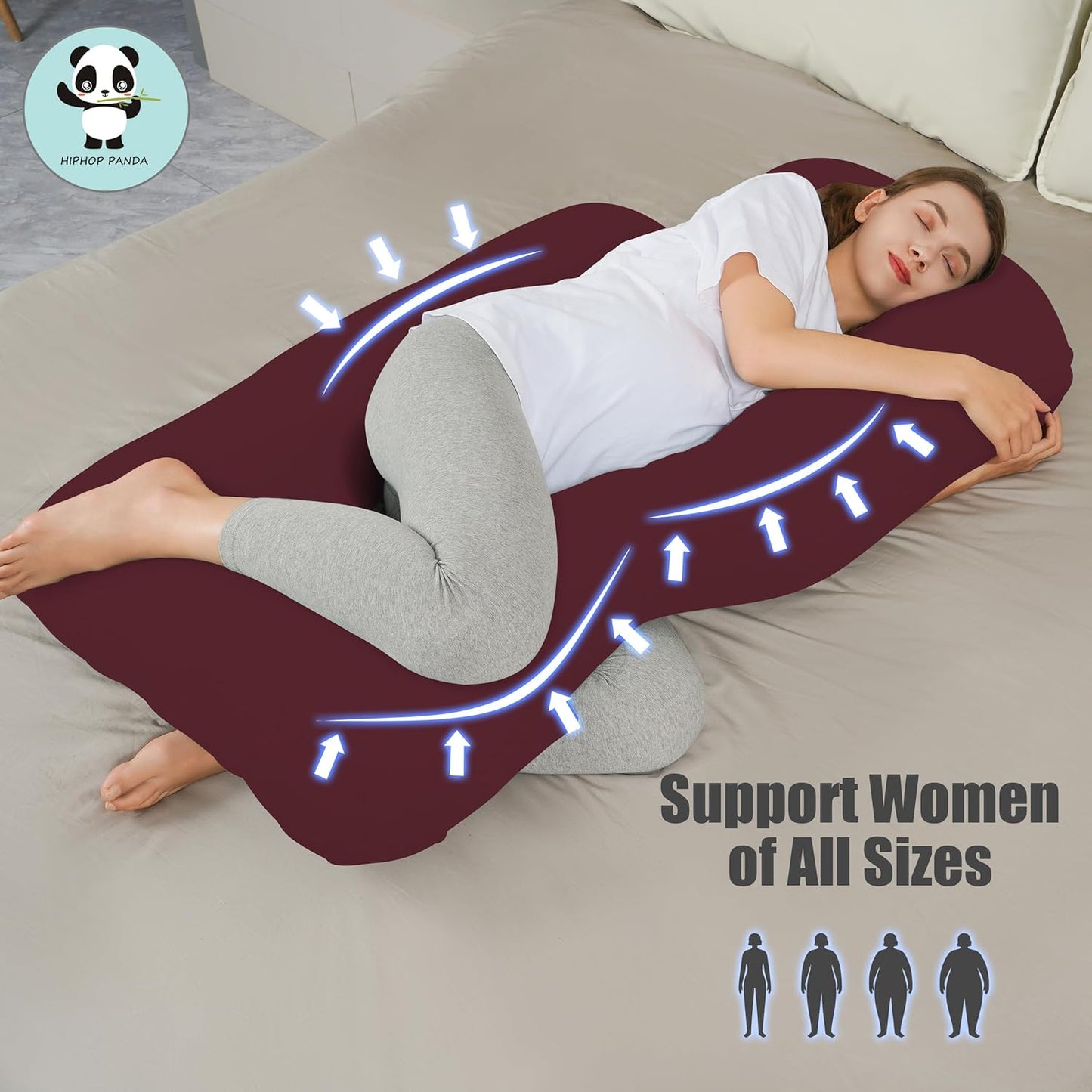 HIPHOP PANDA U-Shaped Pregnancy Pillow for Sleeping - Full Body Maternity Support Pillow with Removable Cover - Comfort for Back, HIPS, Legs, Belly - 57 Inch for Pregnant Women, Burgundy