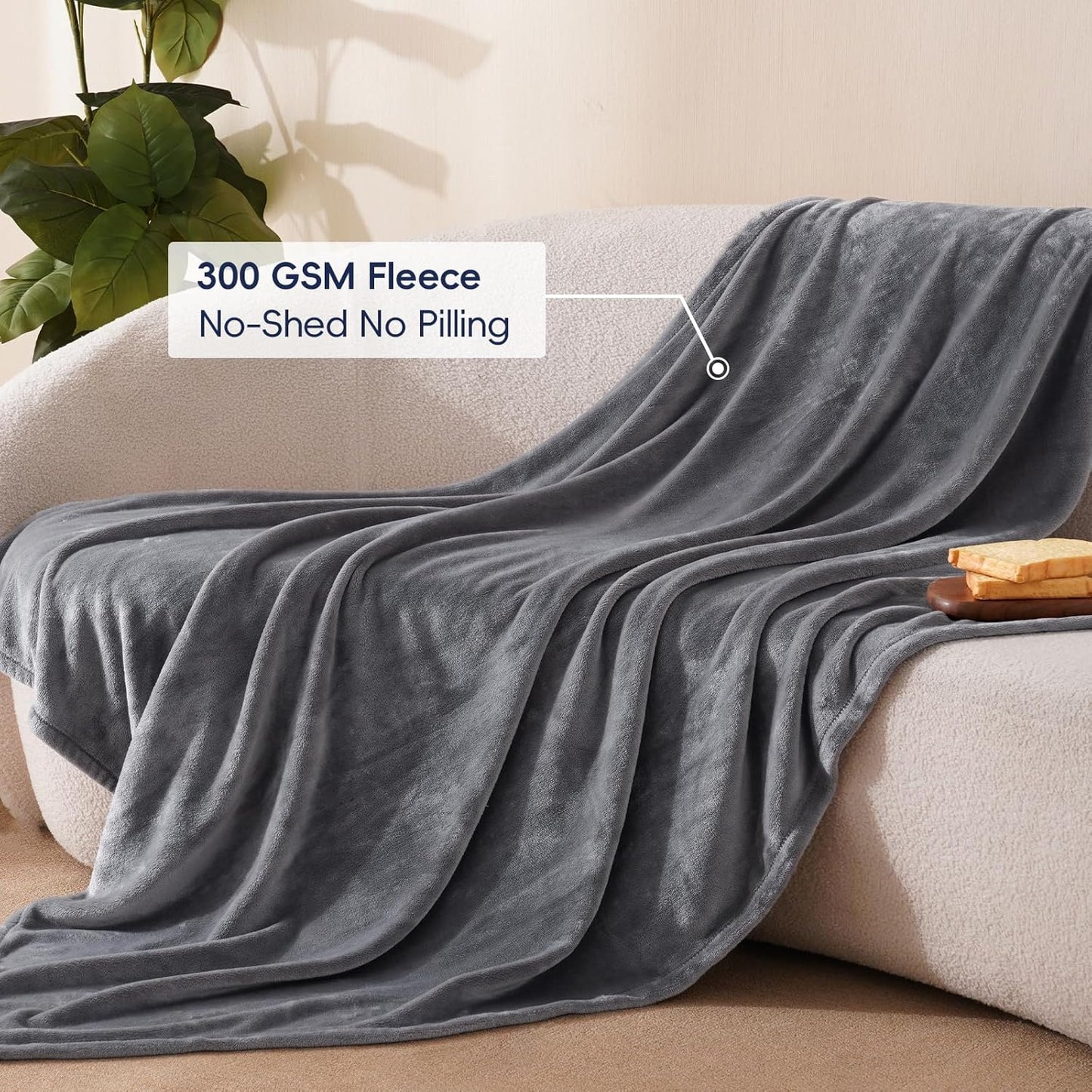 PHF Ultra Soft Fleece Throw Blanket, No Shed No Pilling Luxury Plush Cozy 300GSM Lightweight Blanket for Bed, Couch, Chair, Sofa Suitable for All Season, 50" x 60", Grey