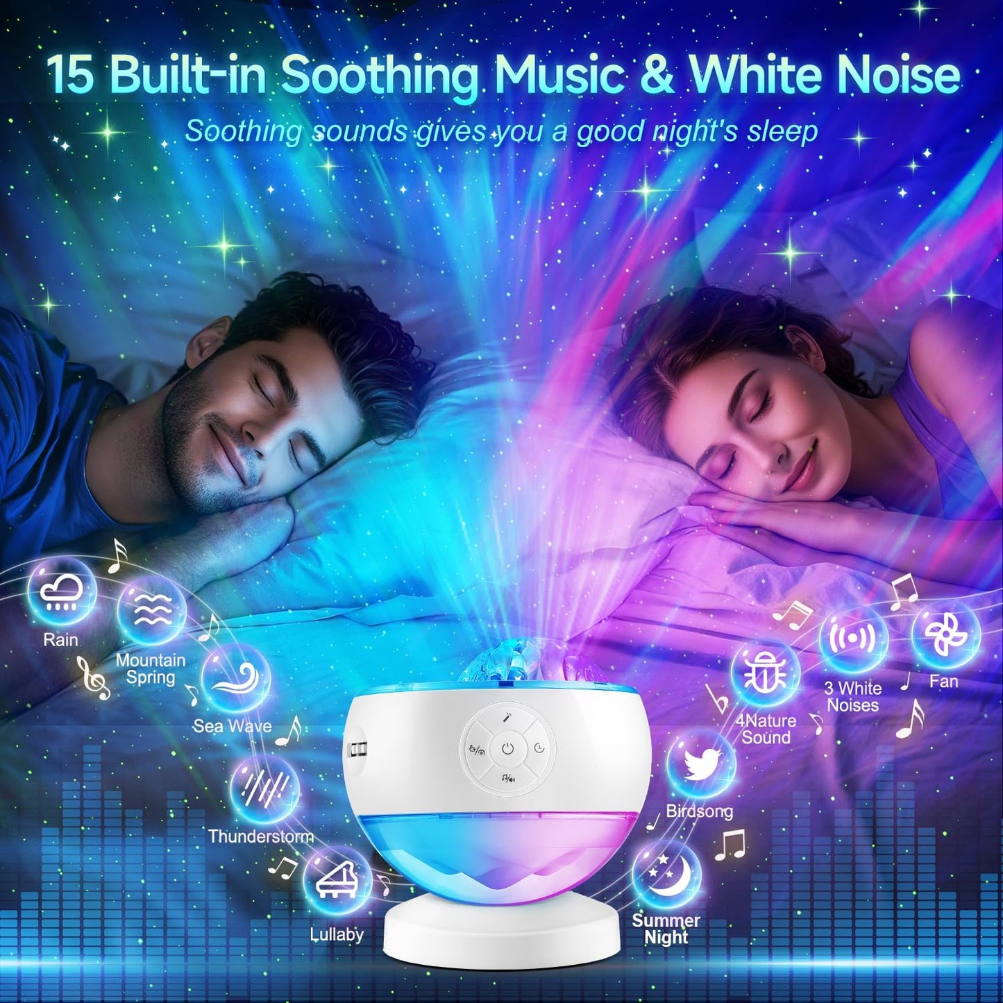 One Fire Northern Lights Projector,16Color Galaxy Projector for Bedroom, 15 White Noise Galaxy Light Projector, 5Moon Star Projector, Bluetooth Aurora Light Projector, Remote Timer Star Lights