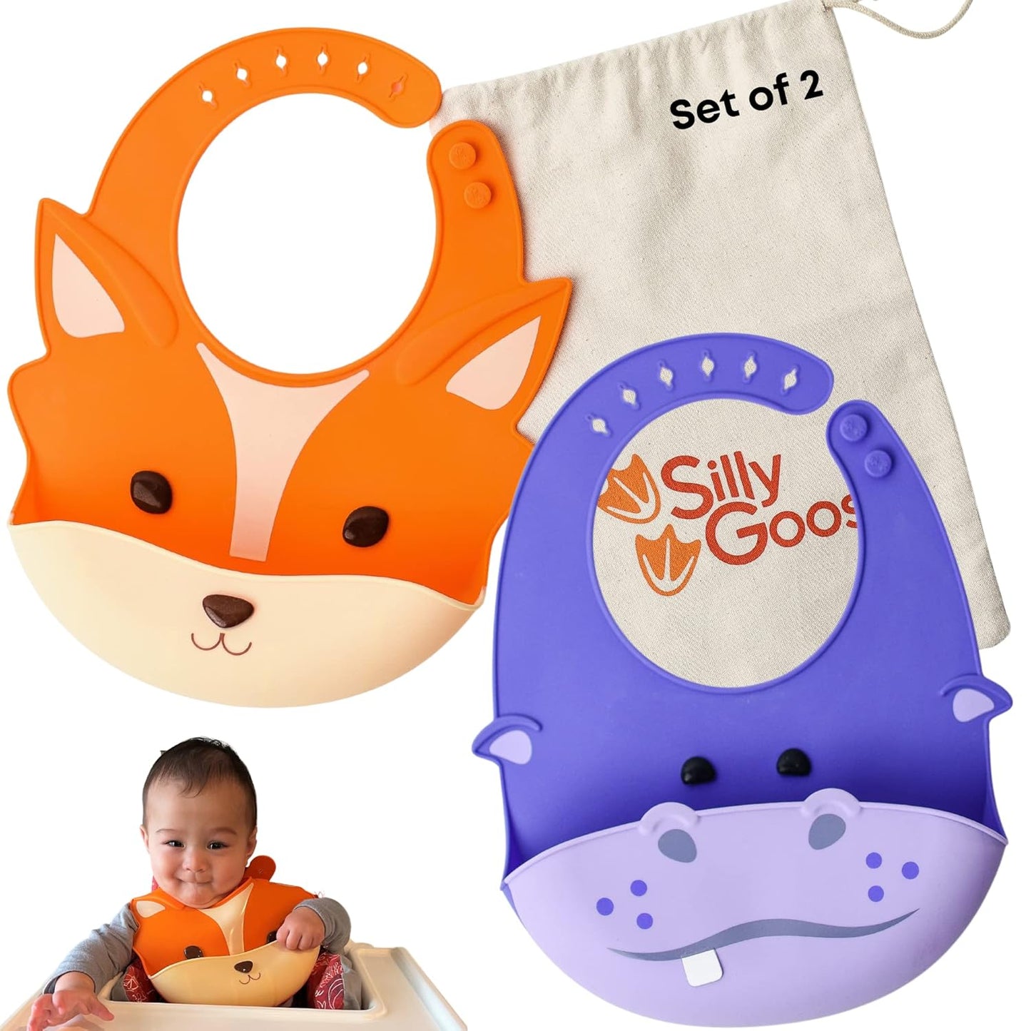 Silly Goose Set of 2 Silicone Baby Bibs, for Babies and Toddlers, Waterproof, Adjustable, Soft, Extra Wide Food Catcher Pocket, Animals (2PK Fox+Hippo)