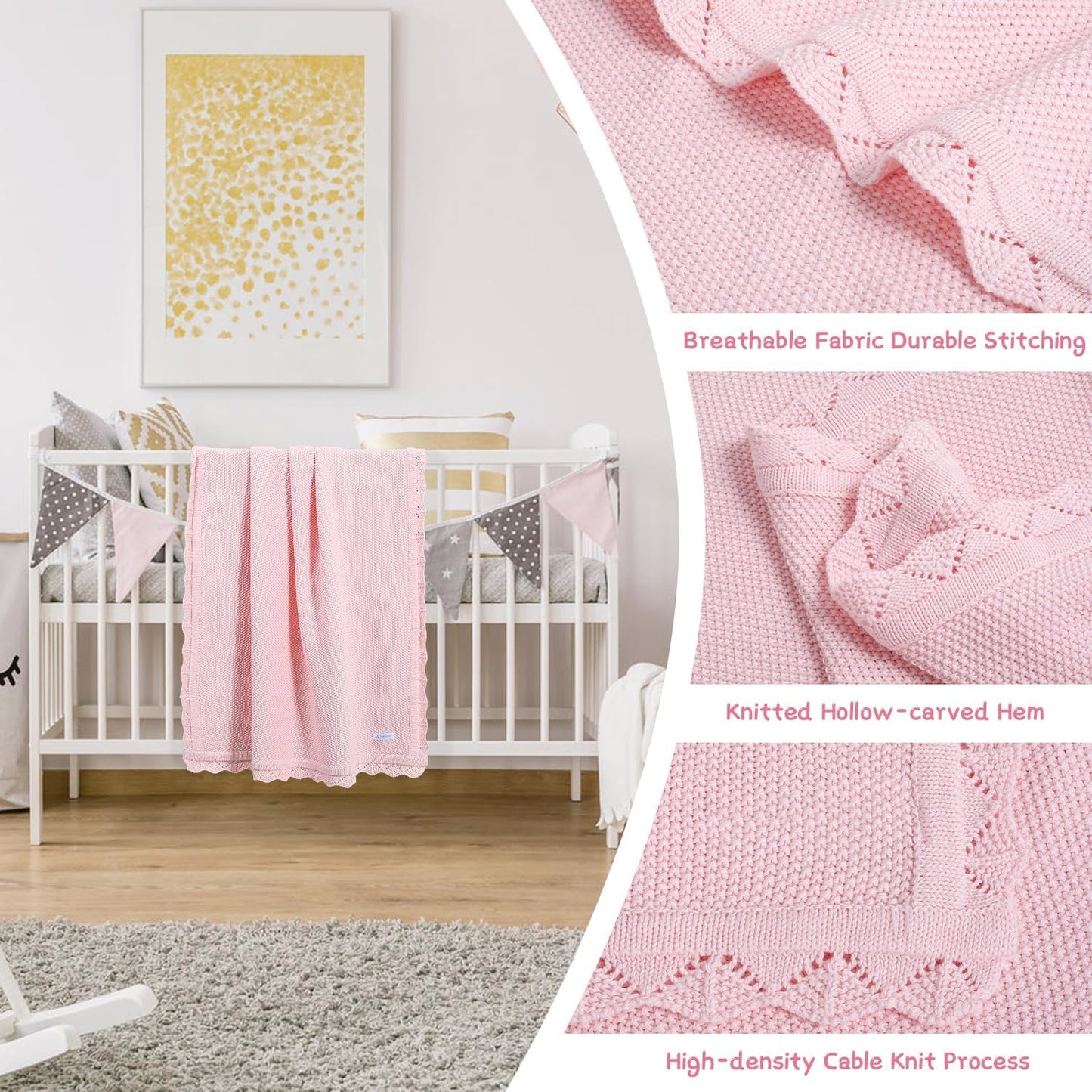 100% Cotton Baby Blanket Knit Soft Warm Lace Toddler Newborn Nursery Blanket,30 x 40 Inches, Light Pink