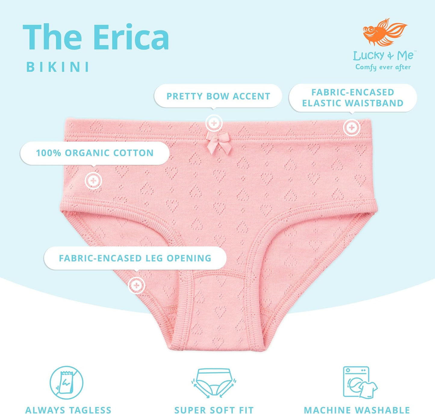 Lucky & Me Erica Girls Bikini 100% Organic Cotton Children's Underwear 6 Pack