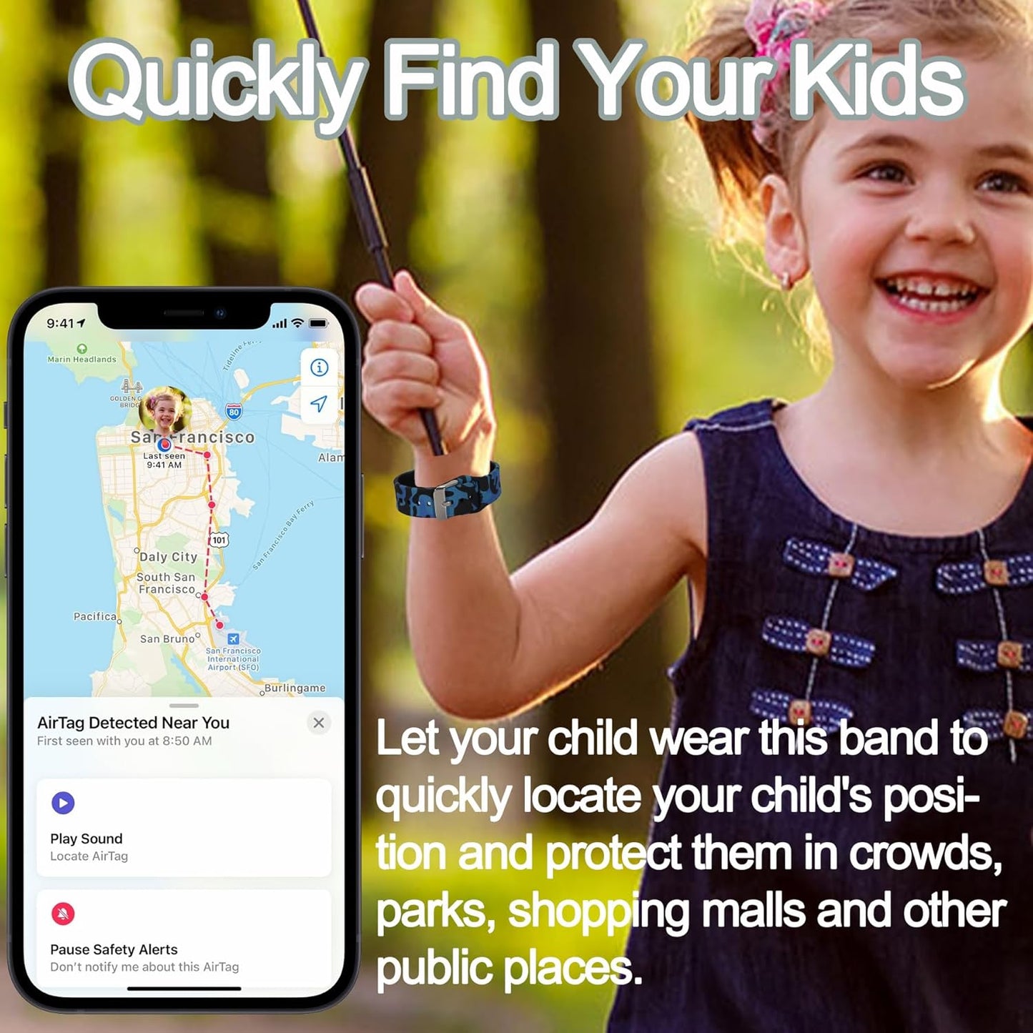 Waterproof AirTag Bracelet for Kids, Hidden Printed Wristband for Apple Air Tag, Silicone AirTag Holder GPS Tracker Case for Band for Child Toddler, Secure Anti-Lost Protection(Black)