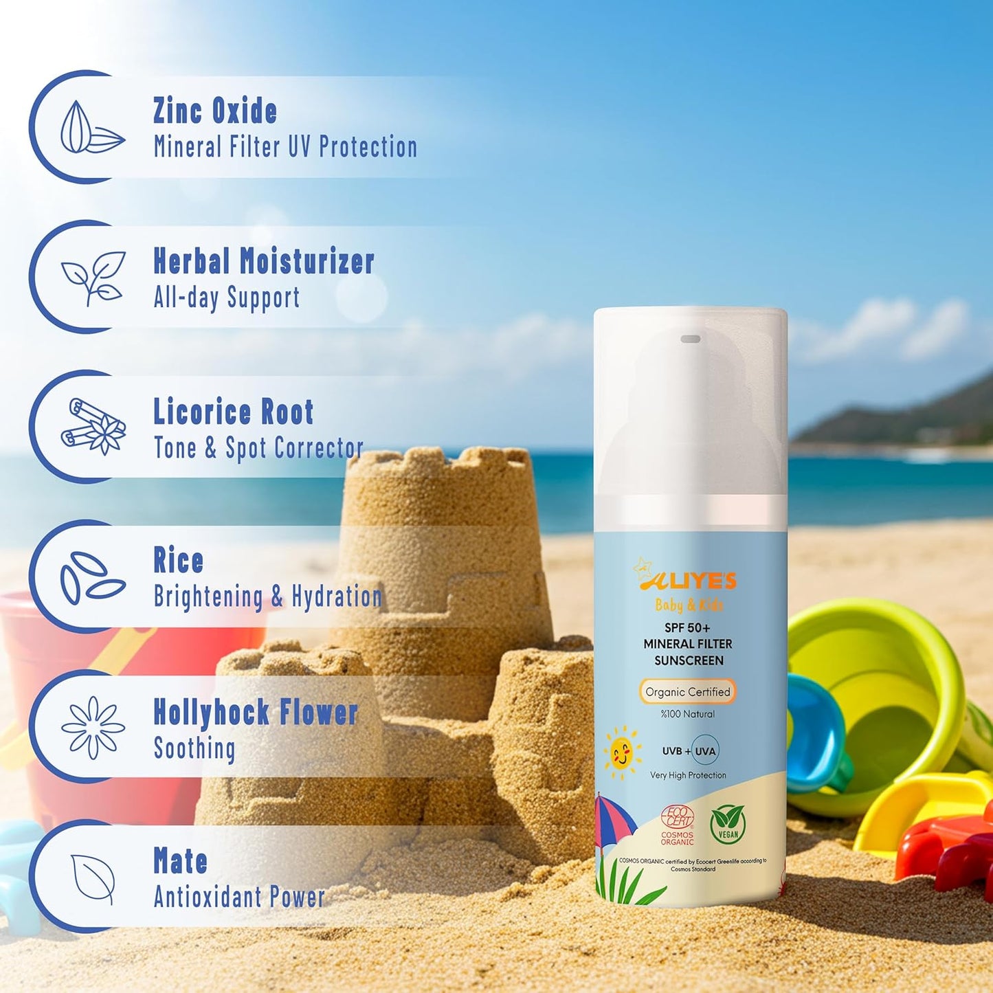 ALIYES SPF 50+ Organic Baby&Kids Mineral Sunscreen – Safe for Babies - Water Resistant Sun Cream – Broad Spectrum UVA/UVB Sun Protection – Vegan Baby Sunscreen Lotion, 1.69 FL