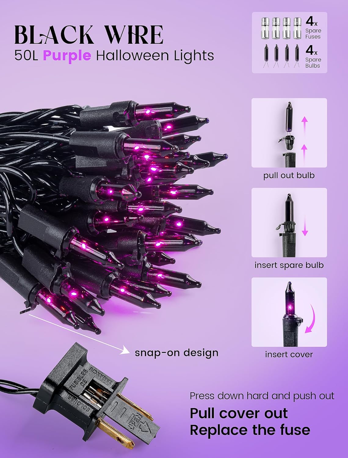 woohaha Halloween Purple String Lights,50 Mini Fairy Lights Set,Plug in with Black Wire 11Ft Traditional Halloween Holiday Decor for Indoor，Home, Christmas Tree, Bedroom, Patio, Wedding