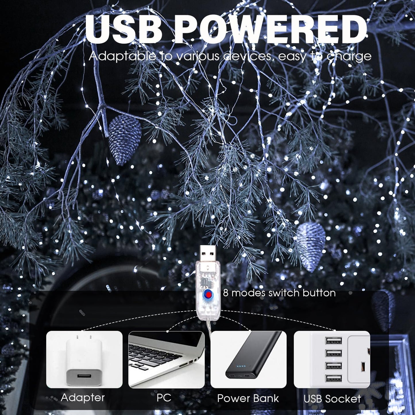 Fairy Lights 72ft 220 LED USB Twinkle String Lights Plug in Copper Wire Lights with Remote and Timer 8 Modes Outdoor Waterproof Starry Lights DIY Party Wedding Christmas Decoration(Cool White)