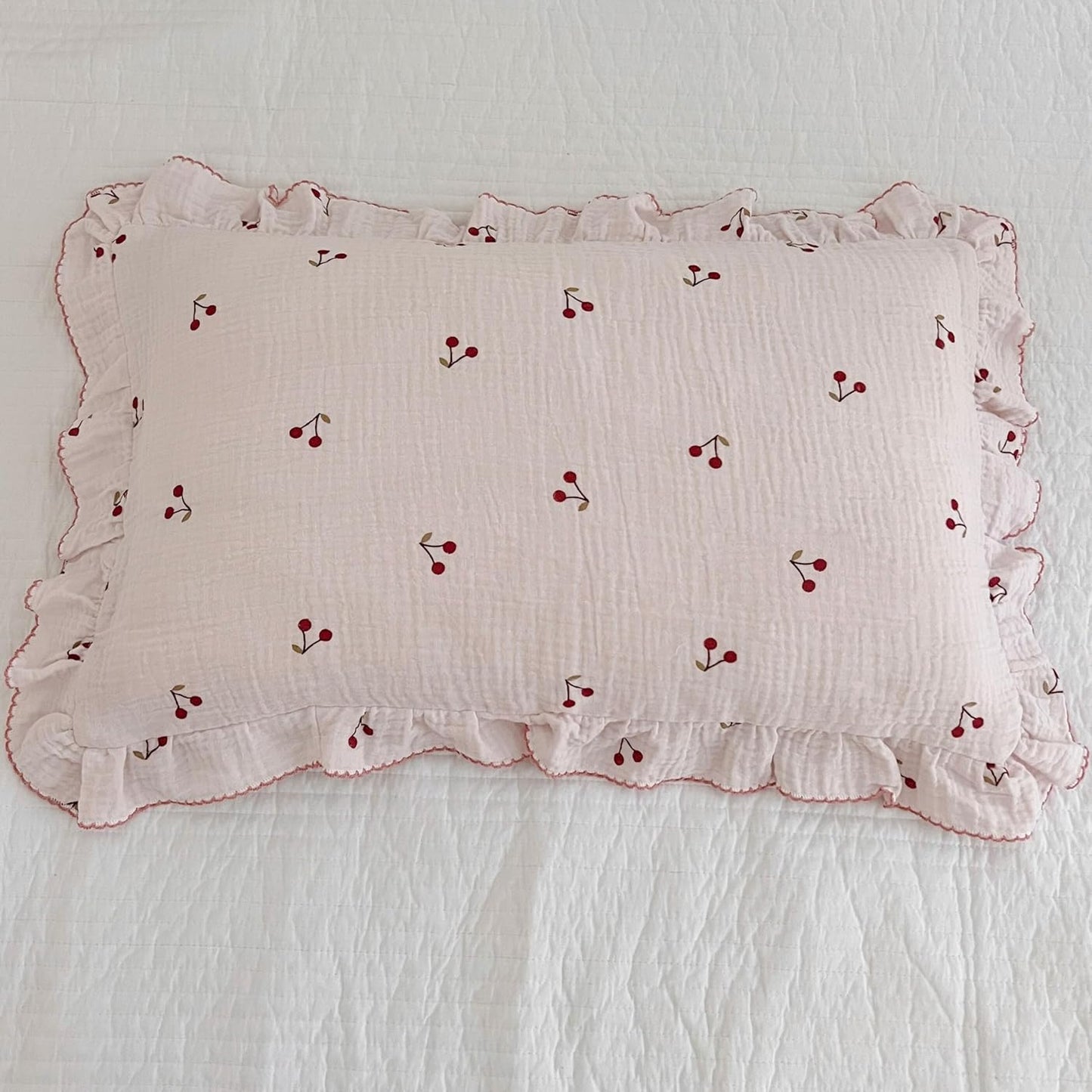 BuLuTu Cotton Muslin Ruffle Edge Kids Toddler Pillowcase Standard,Cherry Pattern Soft Travel Pillow Nursery Pillowcase for Boys,Girls,Bedding Decor Machine Washable, Durable Pillowcase 1 Piece