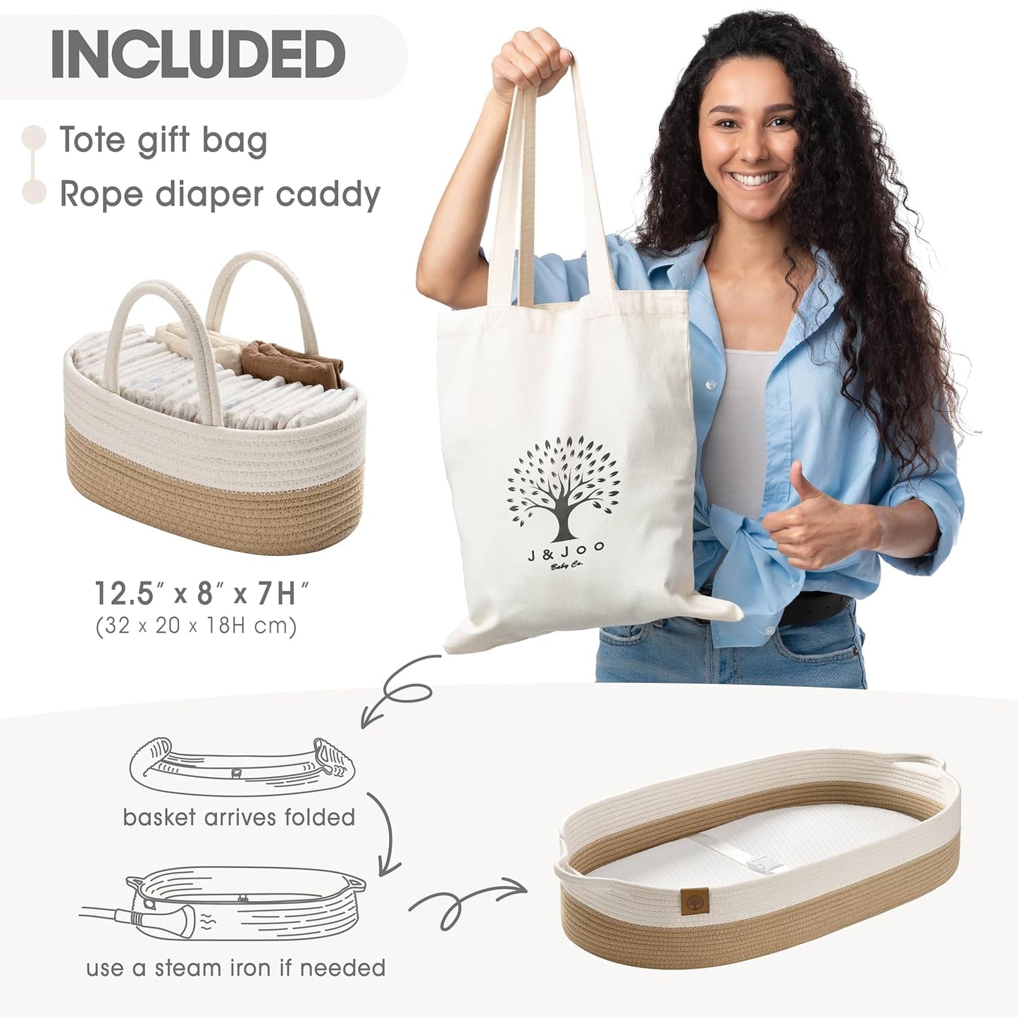 J&JOO Baby Changing Basket includes Diaper Caddy - Breathable & Waterproof Dual-Cover, Portable, Changing Pad for Dresser & Changing Table, Gift for Baby Shower (Brown & White, Diaper Caddy Set)